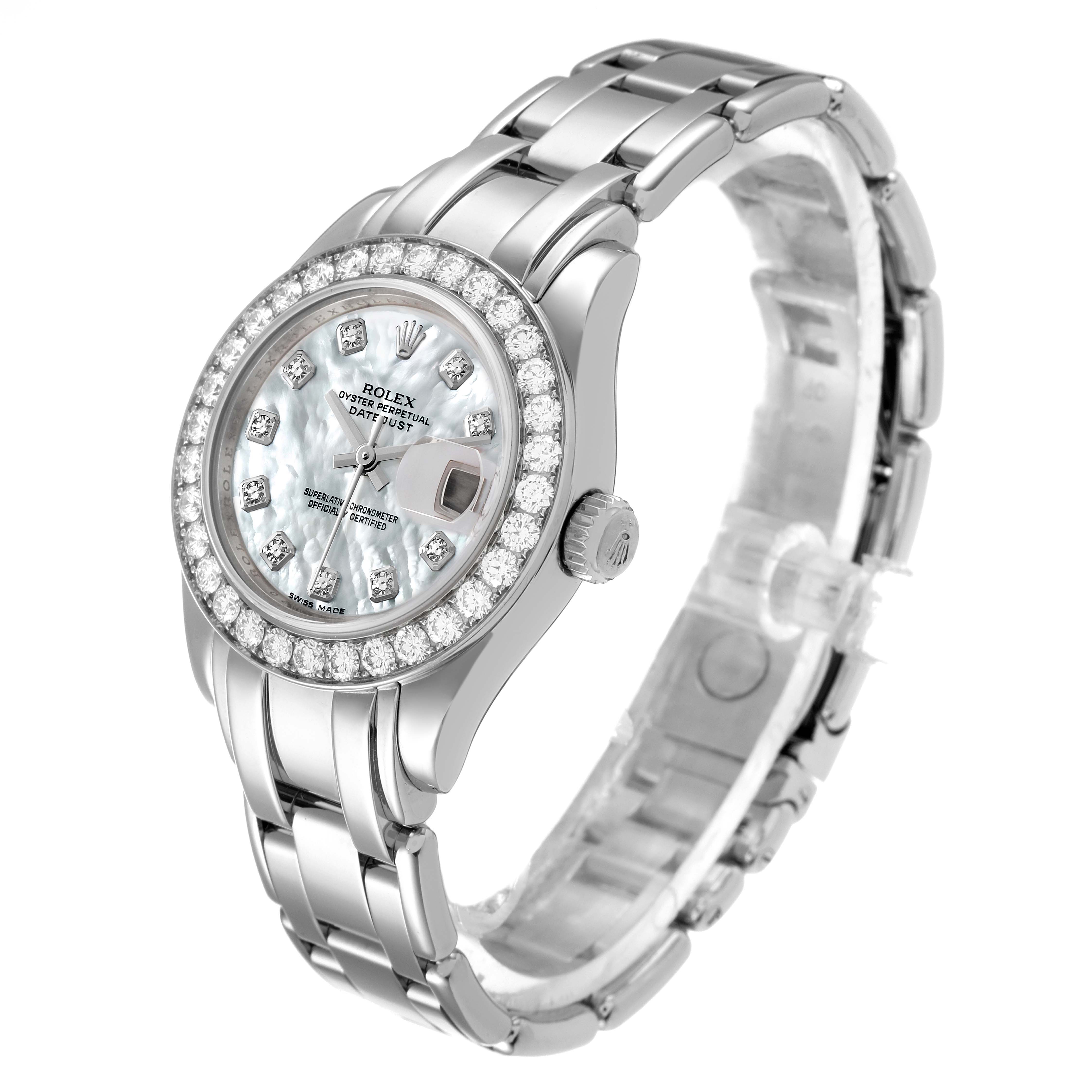 The image shows a Rolex Pearlmaster 80299 Women's White Gold Mother of Pearl Dial 80299 Women's White Gold Mother of Pearl Dial watch angled to display the face, bezel, crown, and part of the bracelet.