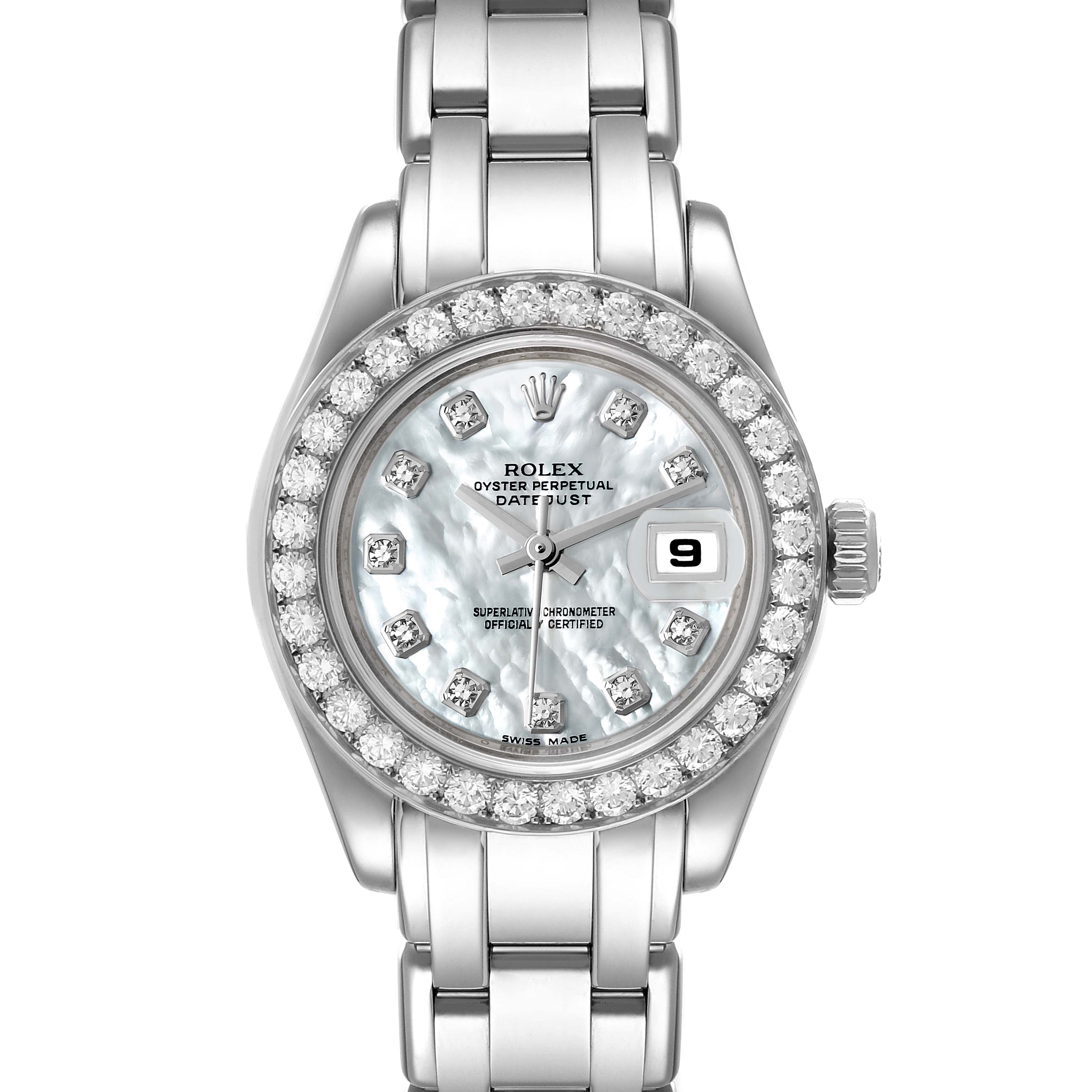 The image shows a front view of the Rolex Pearlmaster 80299 Women's White Gold Mother of Pearl Dial 80299 Women's White Gold Mother of Pearl Dial watch, highlighting its face, bezel, and part of the bracelet.