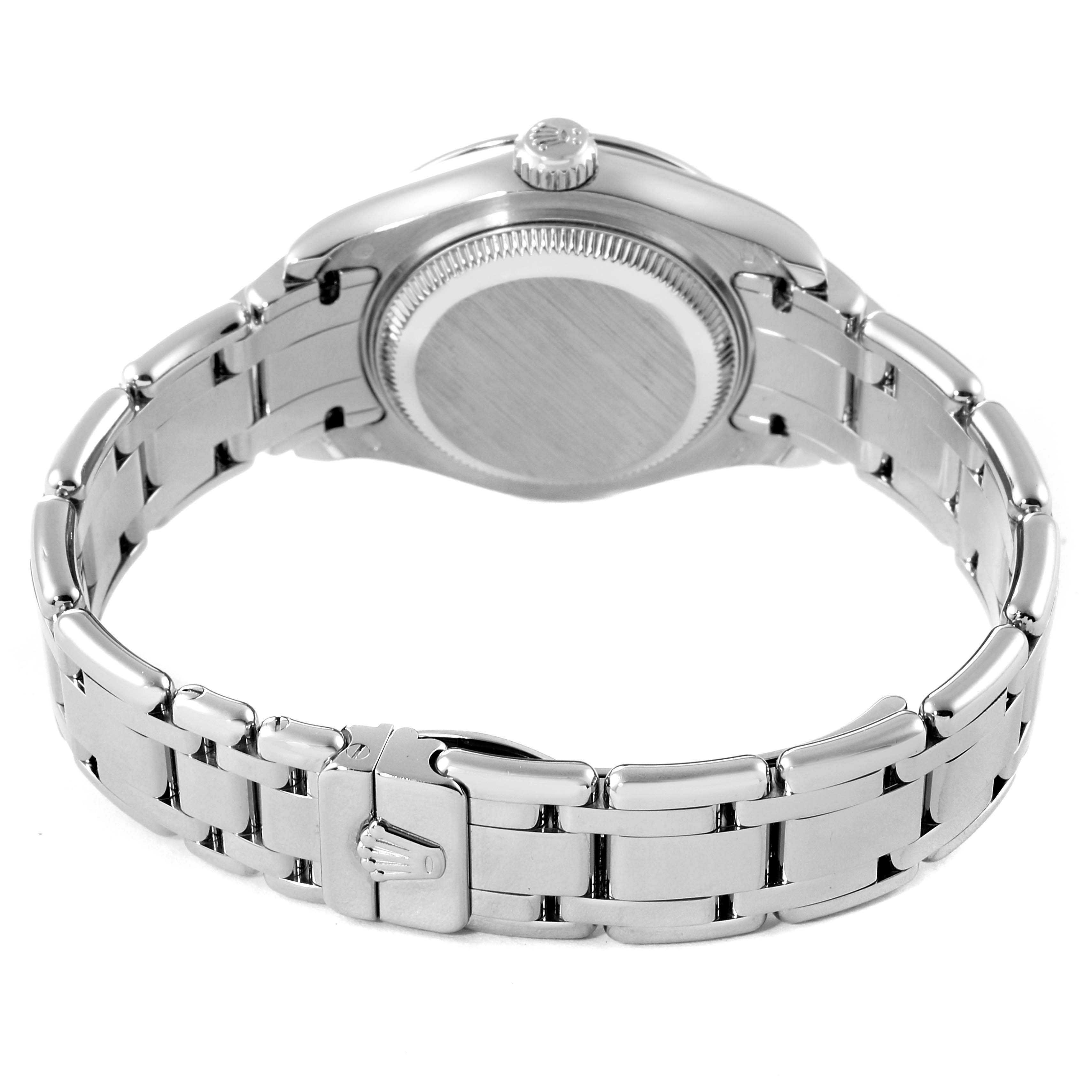 This image shows the back case and bracelet of the Rolex Pearlmaster 80299 Women's White Gold Mother of Pearl Dial 80299 Women's White Gold Mother of Pearl Dial watch from the rear angle.