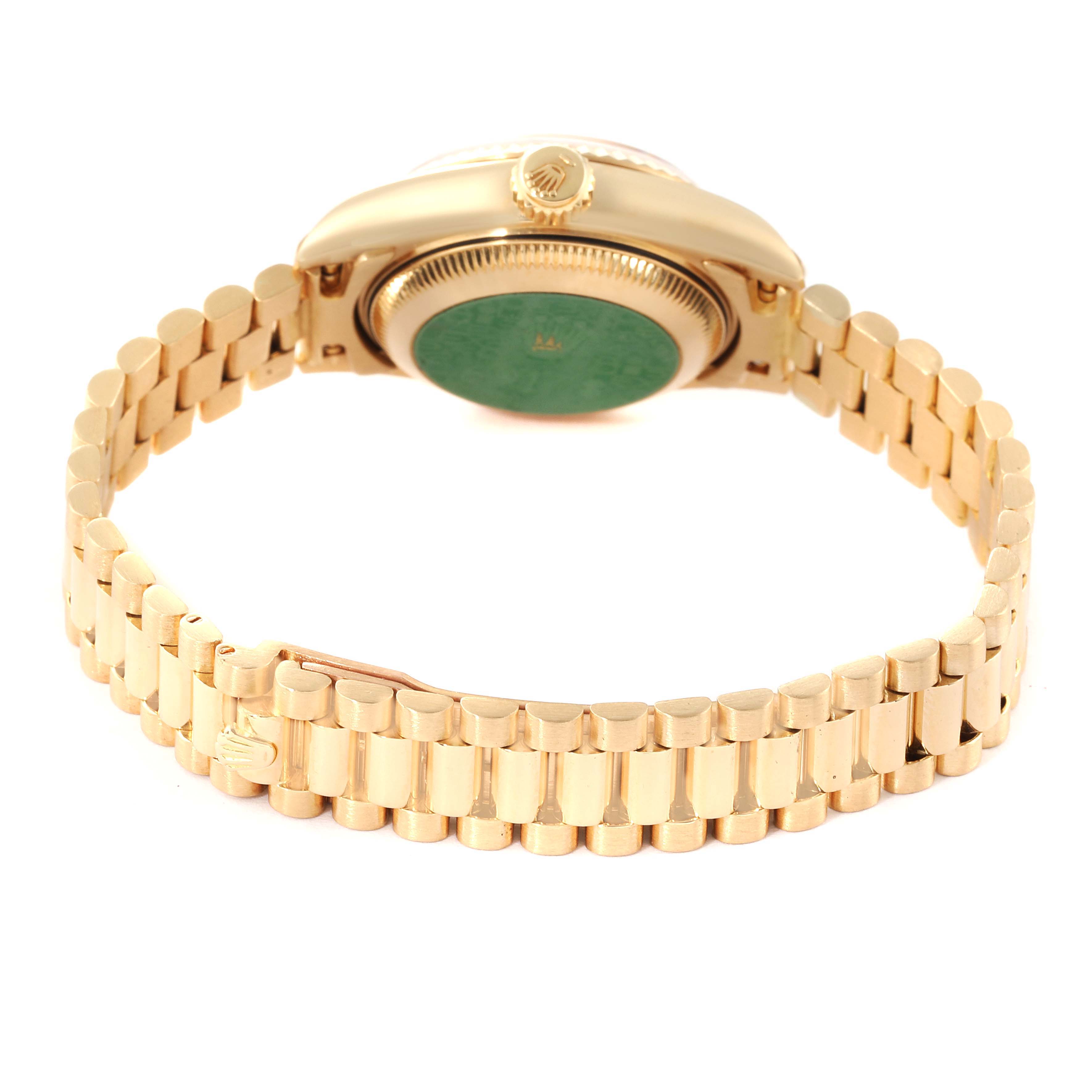 The image shows the back view of a Rolex President 69178 Women's Yellow Gold Black Dial 69178 Women's Yellow Gold Black Dial model watch, highlighting the bracelet and case back.