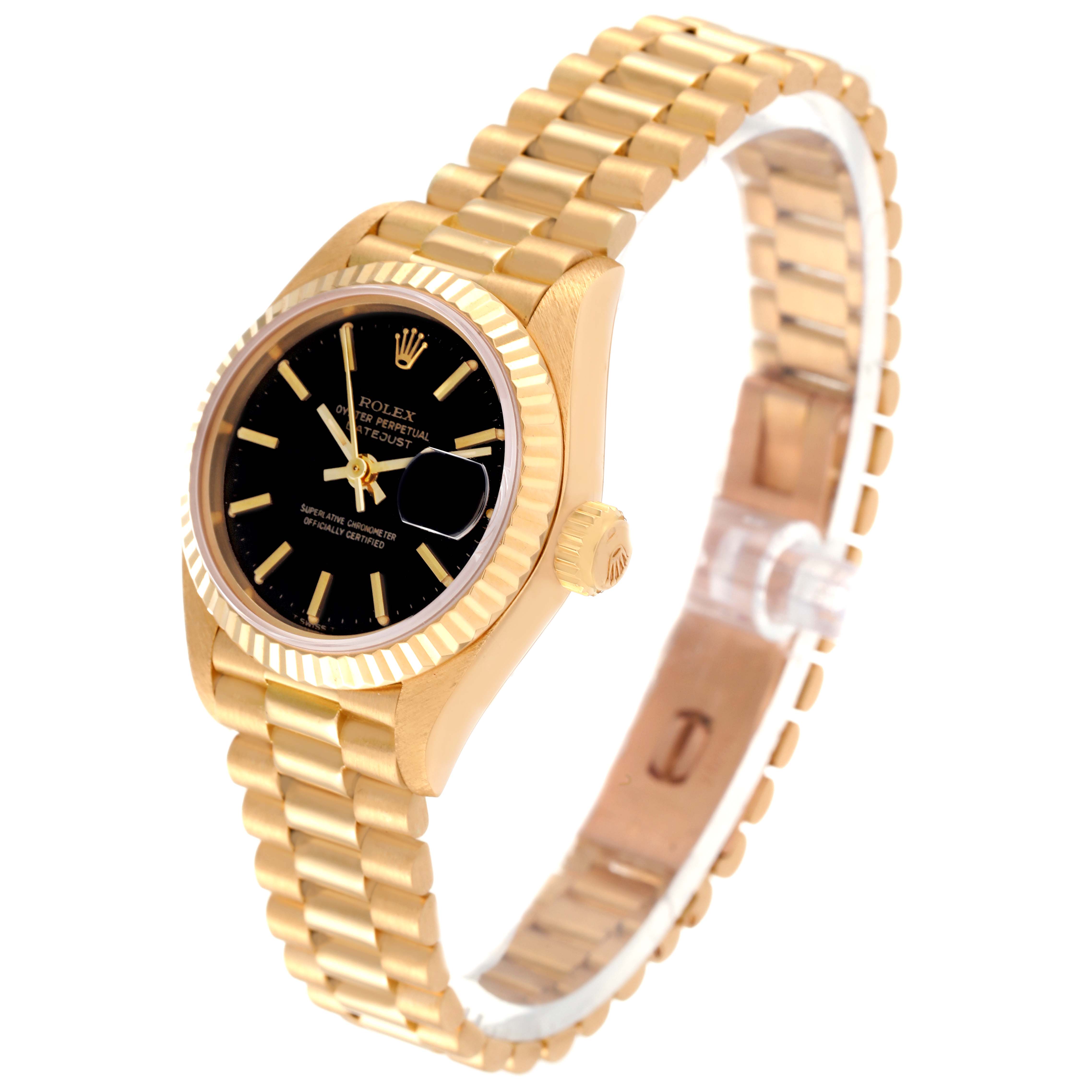 This image shows a Rolex President 69178 Women's Yellow Gold Black Dial 69178 Women's Yellow Gold Black Dial model watch from a side angle, highlighting the gold bracelet, crown, and black dial with date magnifier.