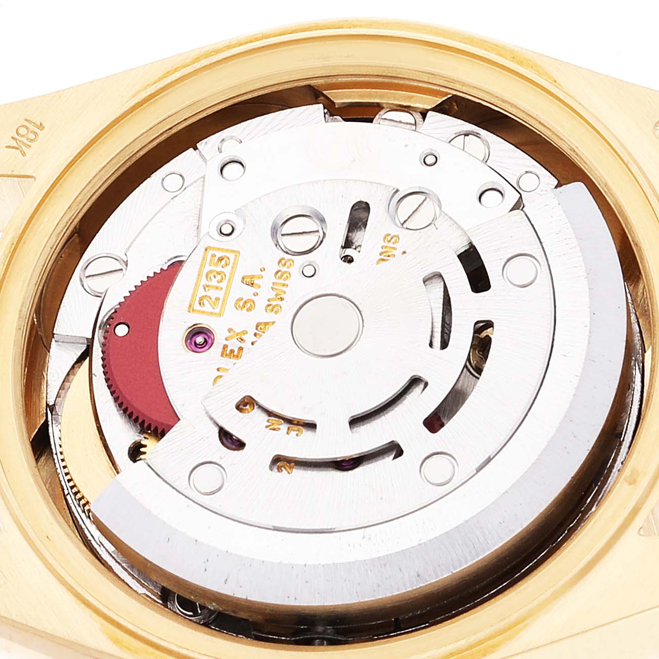 The image shows a close-up view of the inner mechanism of a Rolex President 69178 Women's Yellow Gold Black Dial 69178 Women's Yellow Gold Black Dial model watch, highlighting its intricate movement parts.