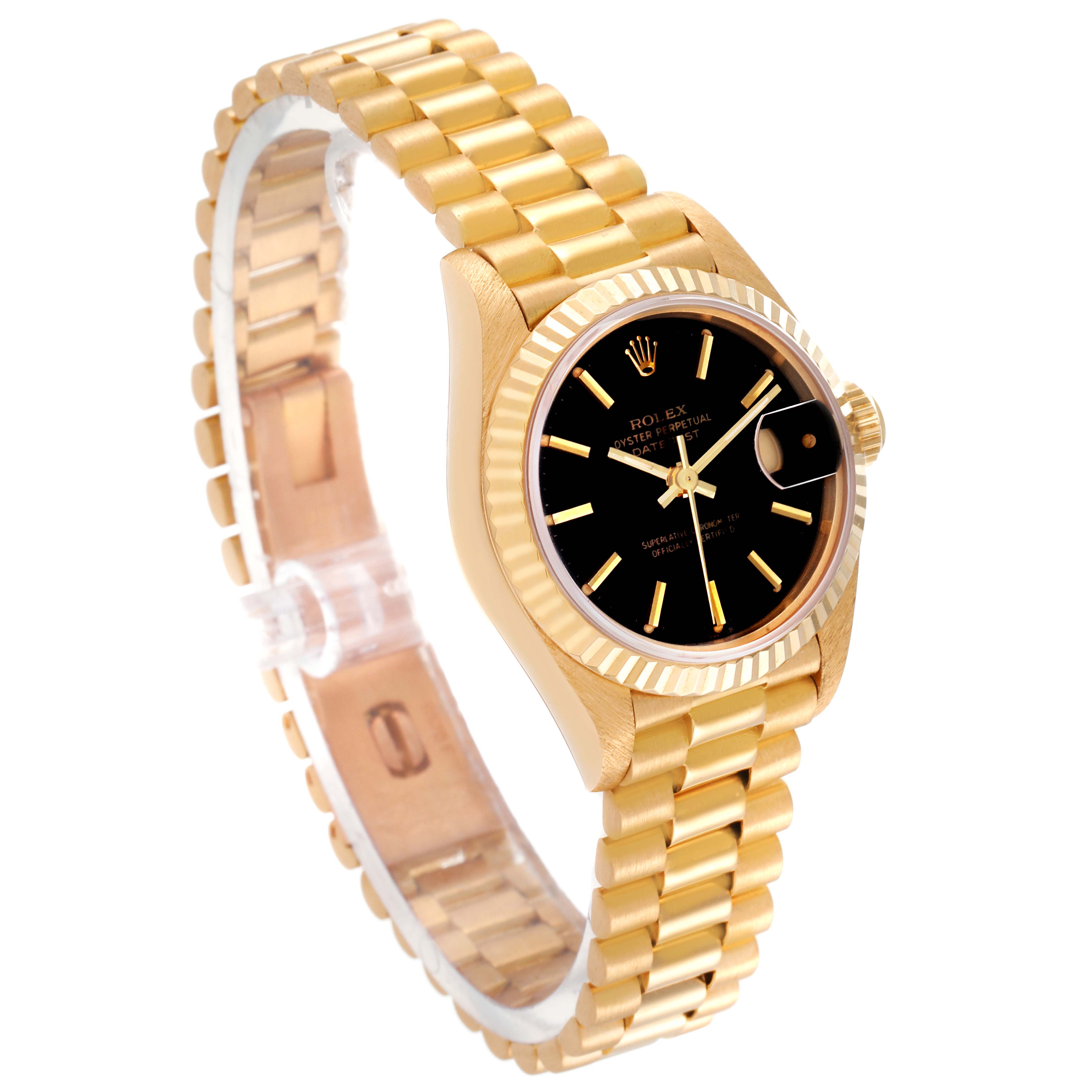 This image shows a side angle of the Rolex President 69178 Women's Yellow Gold Black Dial 69178 Women's Yellow Gold Black Dial model watch, highlighting its gold band, black dial, and fluted bezel.