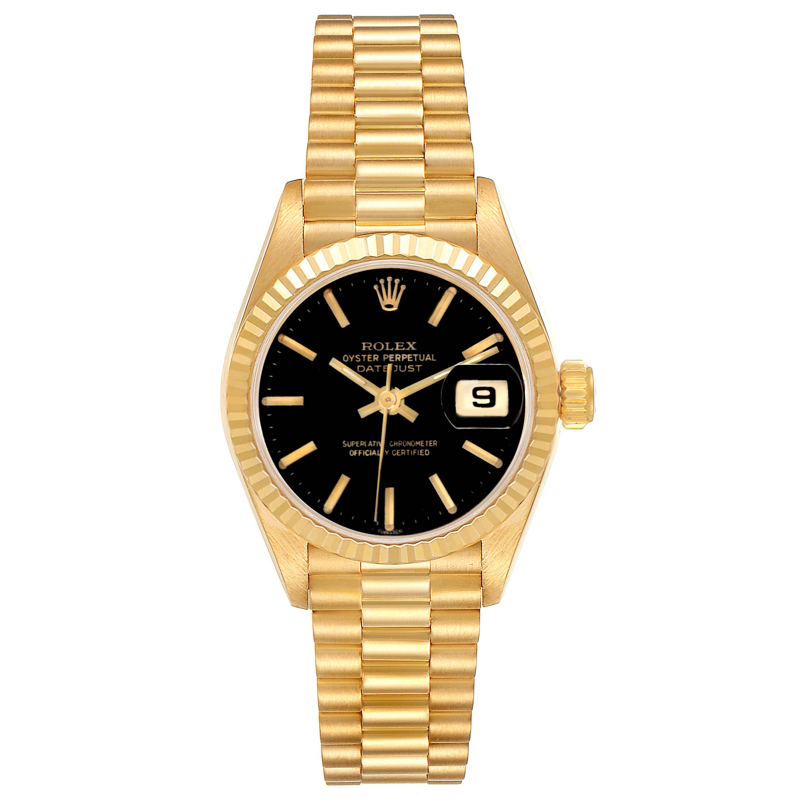 The Rolex President 69178 Women's Yellow Gold Black Dial 69178 Women's Yellow Gold Black Dial watch is shown from a top-down angle, highlighting its gold bracelet, black dial, and date window.