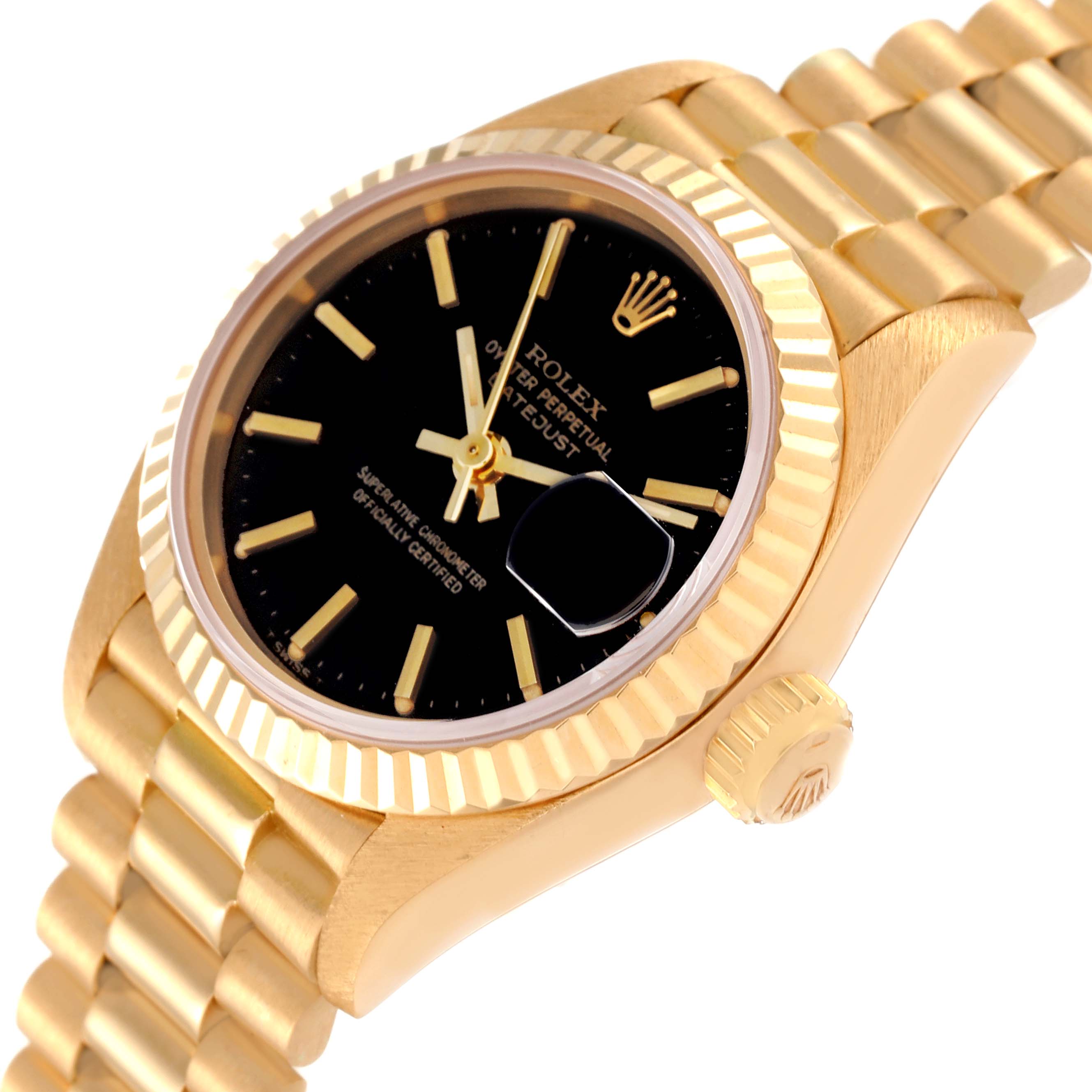 The image shows a Rolex President 69178 Women's Yellow Gold Black Dial 69178 Women's Yellow Gold Black Dial model watch with a gold bracelet, black dial, and fluted bezel, viewed from an angled perspective.