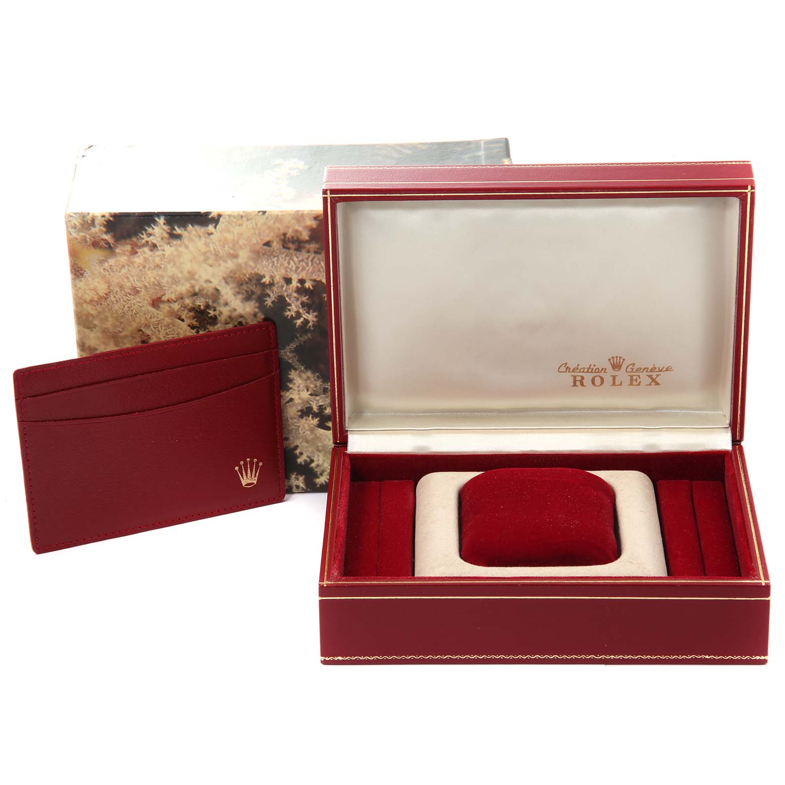 The image shows a Rolex President 69178 Women's Yellow Gold Black Dial 69178 Women's Yellow Gold Black Dial model watch box, including the open case with a cushion and a matching cardholder.