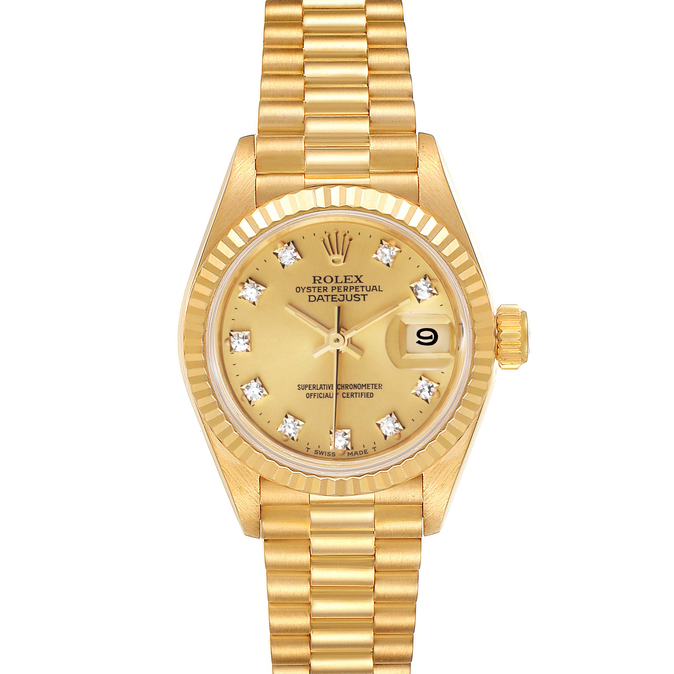 The image shows a front view of a Rolex President 69178 Women
s Yellow Gold Champagne Dial 69178 Women
s Yellow Gold Champagne Dial model watch, highlighting its gold bracelet, dial, bezel, and date window.