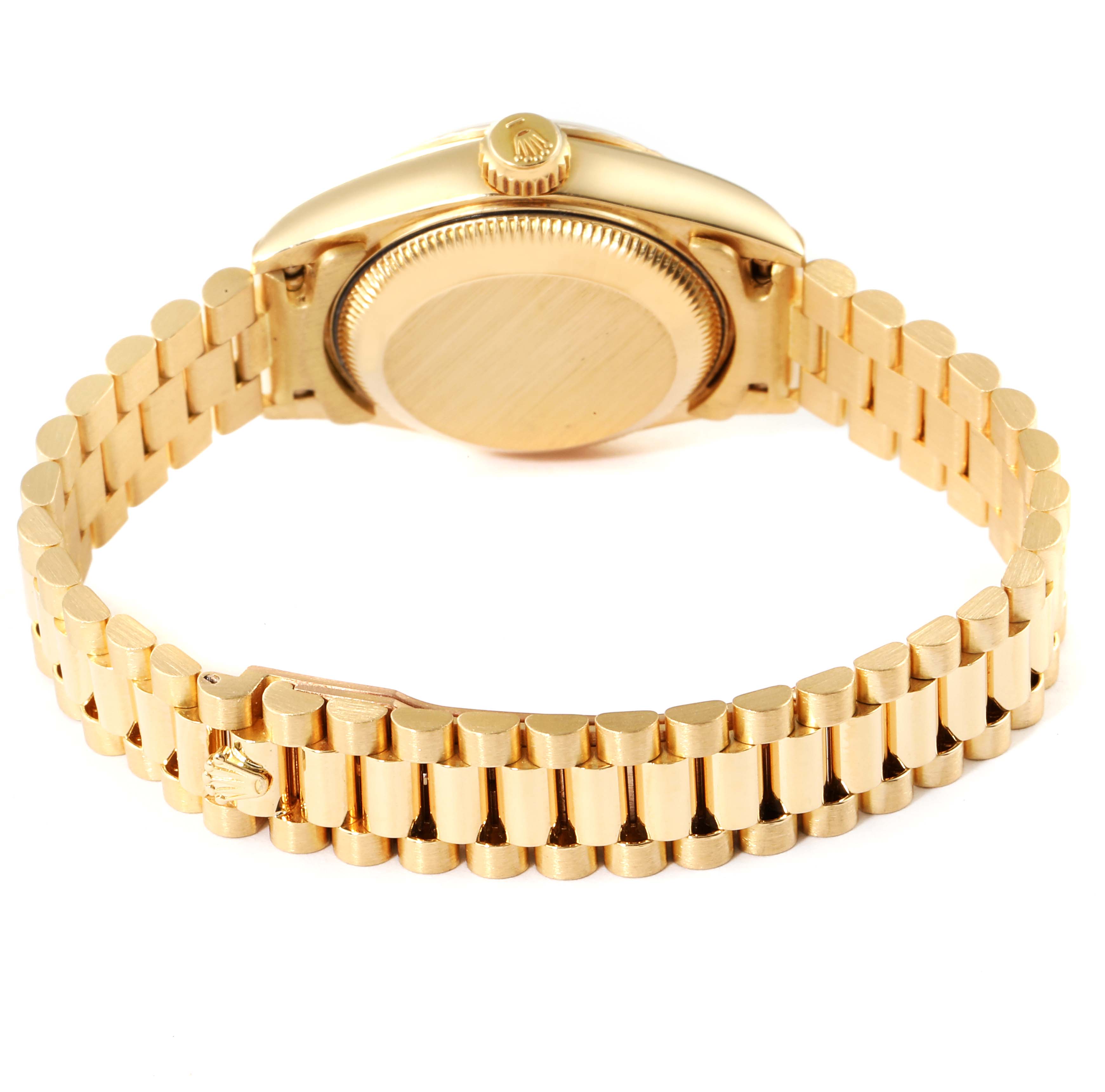 This image shows the back view of a Rolex President 69178 Women
s Yellow Gold Champagne Dial 69178 Women
s Yellow Gold Champagne Dial model watch, highlighting its gold case and bracelet.