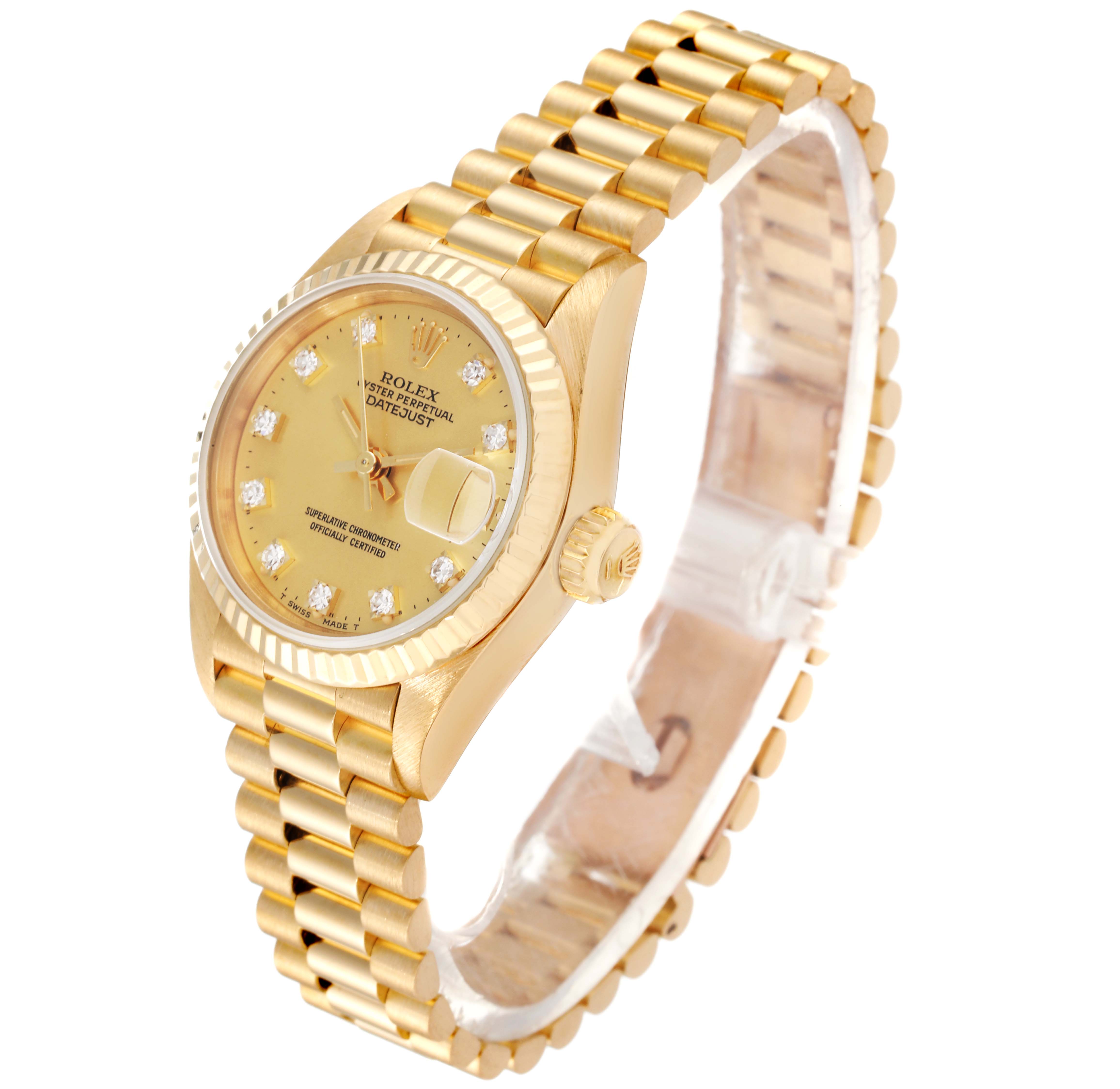 The image shows a Rolex President 69178 Women
s Yellow Gold Champagne Dial 69178 Women
s Yellow Gold Champagne Dial model watch at an angle highlighting the gold bracelet, fluted bezel, and dial with diamond markers.