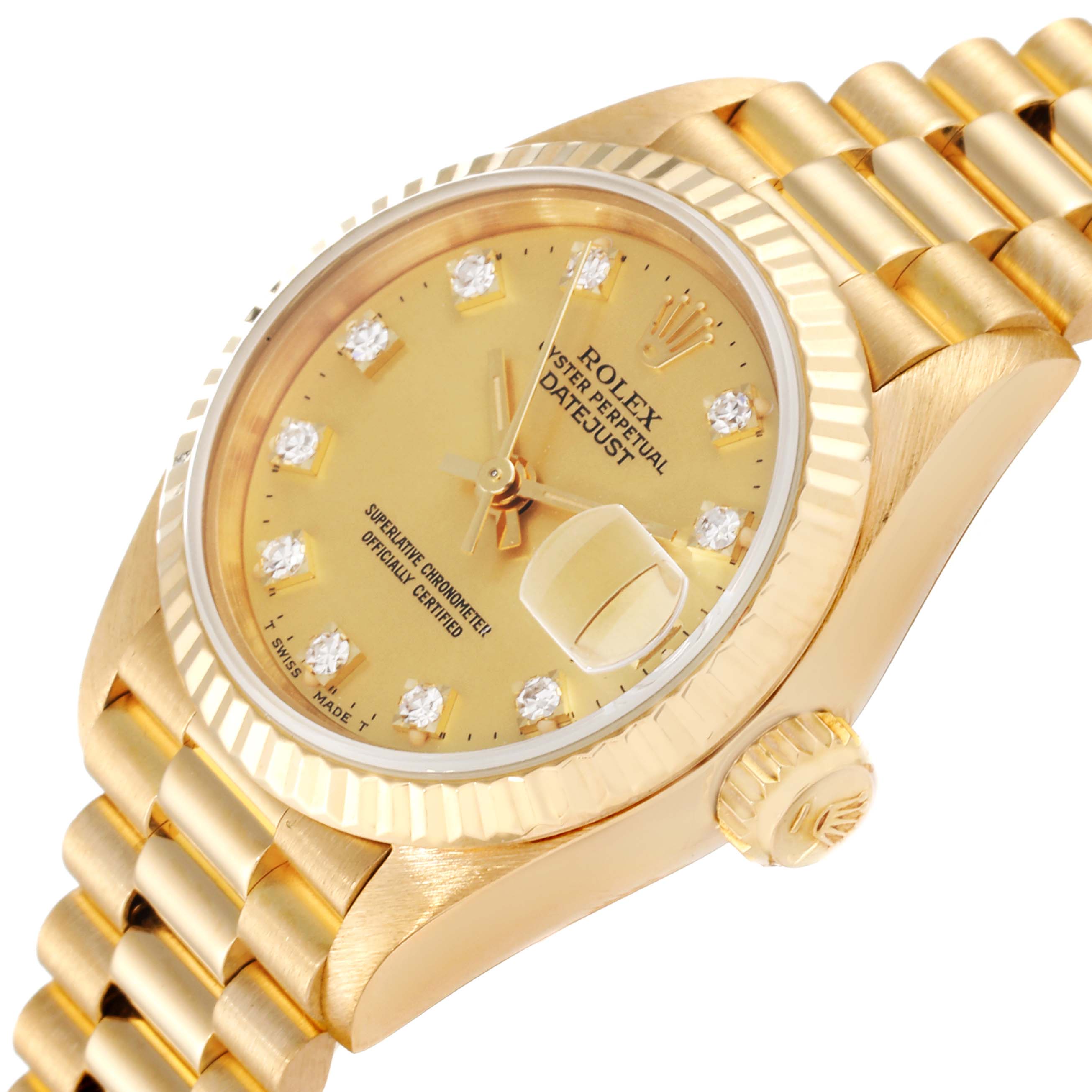 This image shows a close-up, angled view of the Rolex President 69178 Women
s Yellow Gold Champagne Dial 69178 Women
s Yellow Gold Champagne Dial model watch, highlighting its dial, bezel, crown, and bracelet.