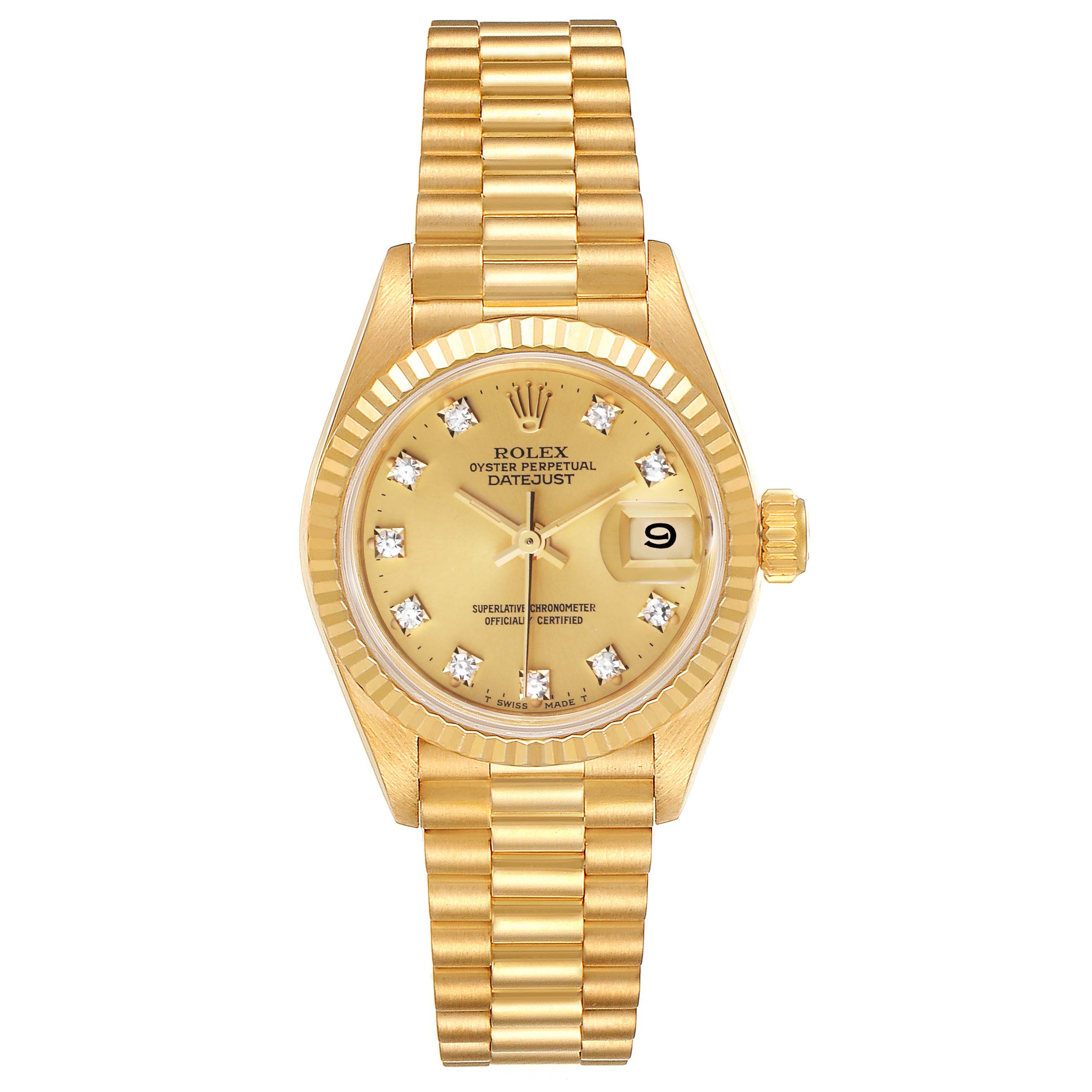The image shows a Rolex President 69178 Women
s Yellow Gold Champagne Dial 69178 Women
s Yellow Gold Champagne Dial model watch from a front angle, highlighting its gold band, round dial, date window, and crown.