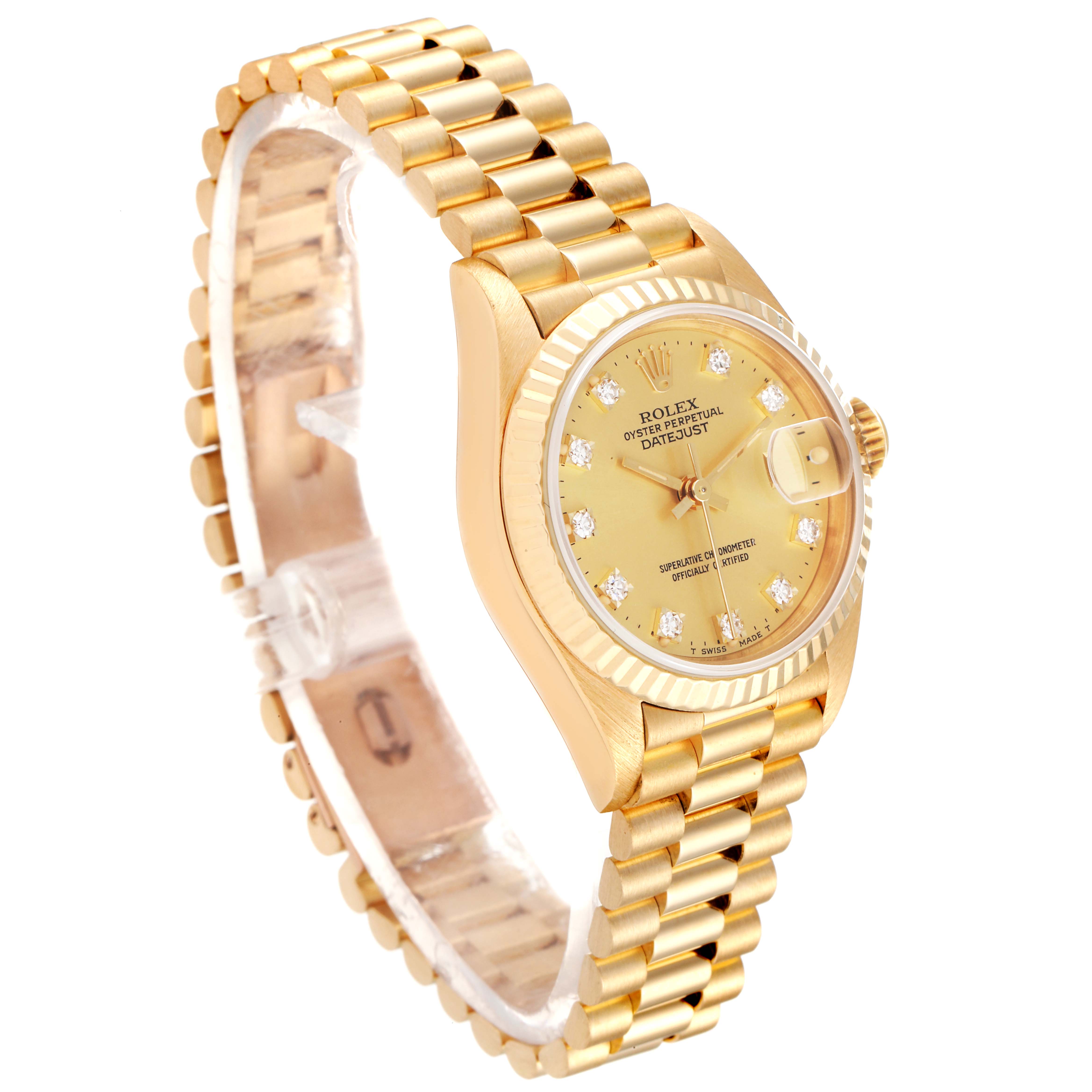 The image shows a Rolex President 69178 Women
s Yellow Gold Champagne Dial 69178 Women
s Yellow Gold Champagne Dial model watch viewed from a slightly left front angle, highlighting the band and face.