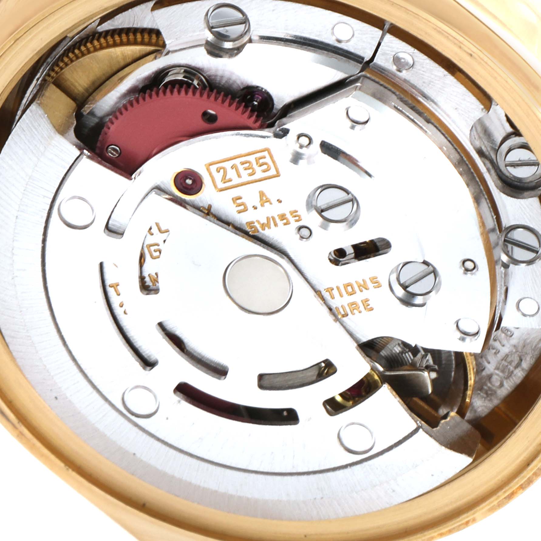 This image shows the internal movement components of a Rolex President 69178 Women
s Yellow Gold Champagne Dial 69178 Women
s Yellow Gold Champagne Dial model watch, viewed from the back.