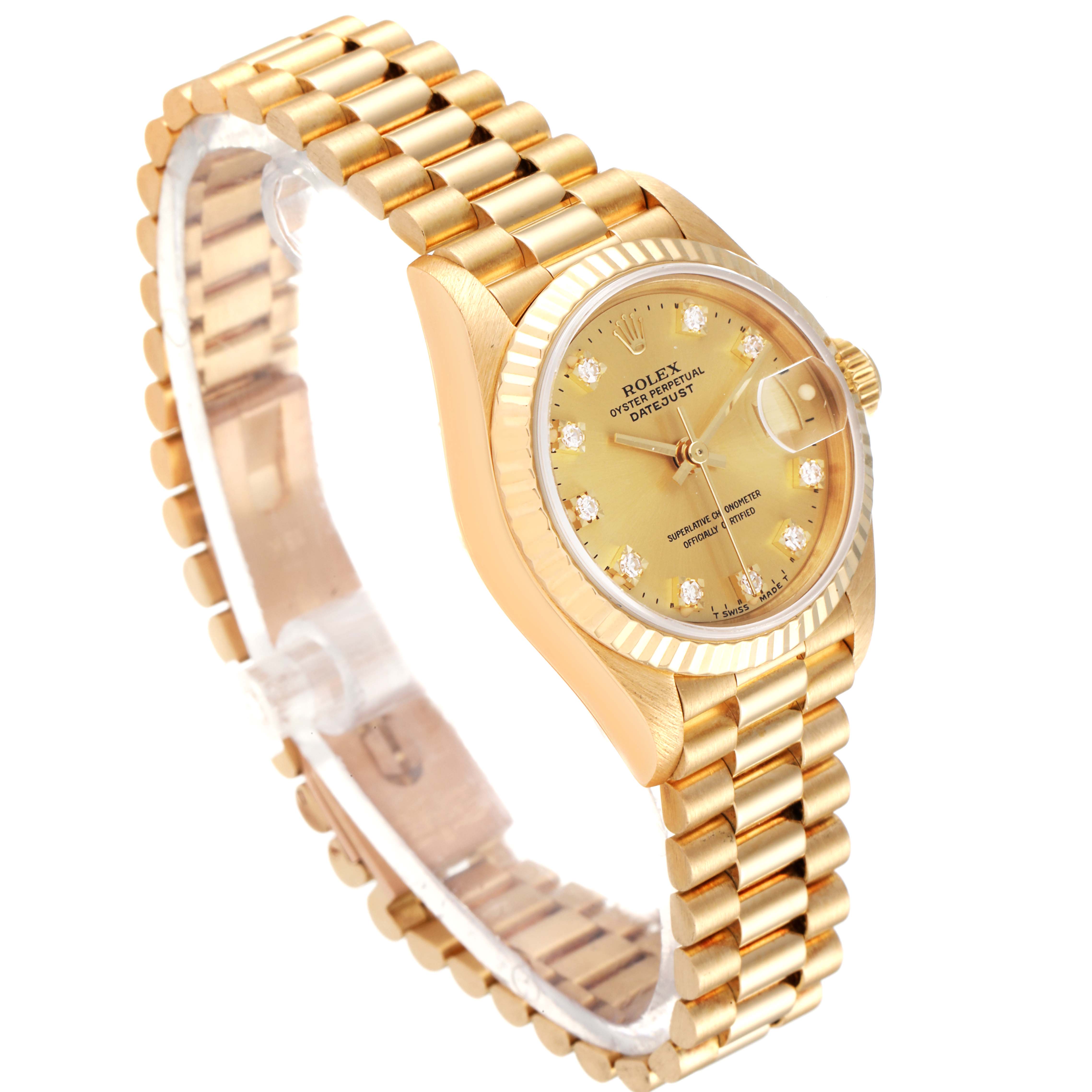 This Rolex President 69178 Women
s Yellow Gold Champagne Dial 69178 Women
s Yellow Gold Champagne Dial watch is shown at a three-quarter angle, displaying the dial, fluted bezel, and President bracelet.