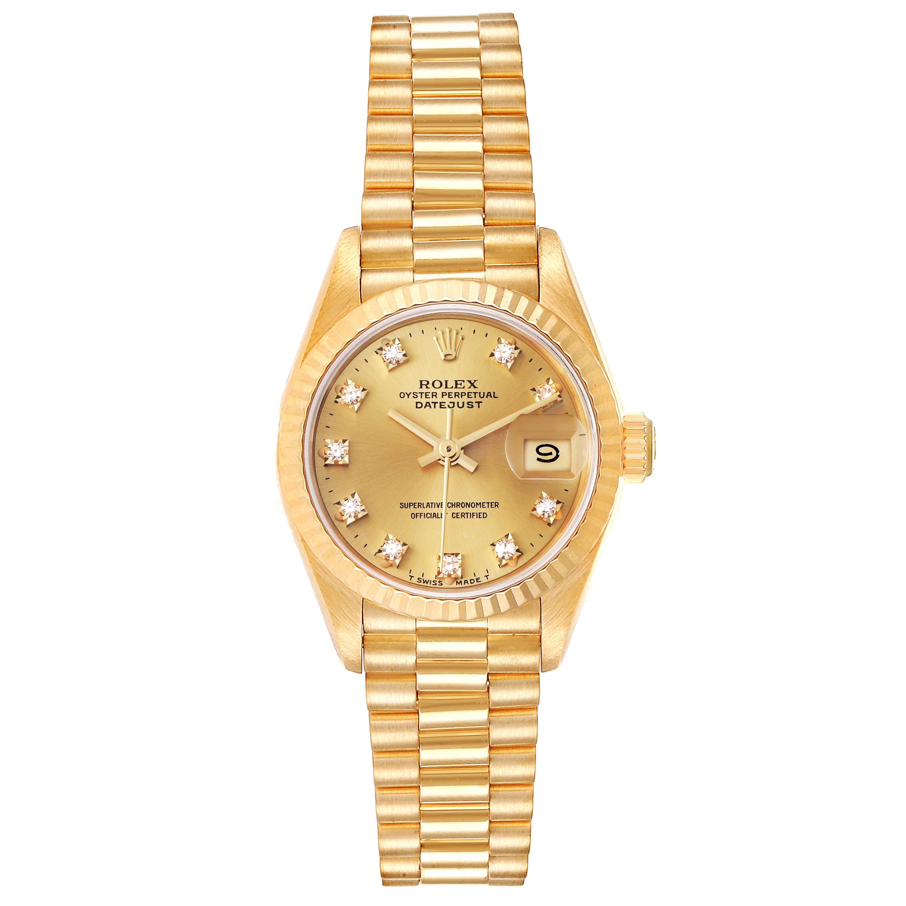The Rolex President 69178 Women
s Yellow Gold Champagne Dial 69178 Women
s Yellow Gold Champagne Dial model watch is shown from a front angle, displaying its dial, bracelet, and bezel.