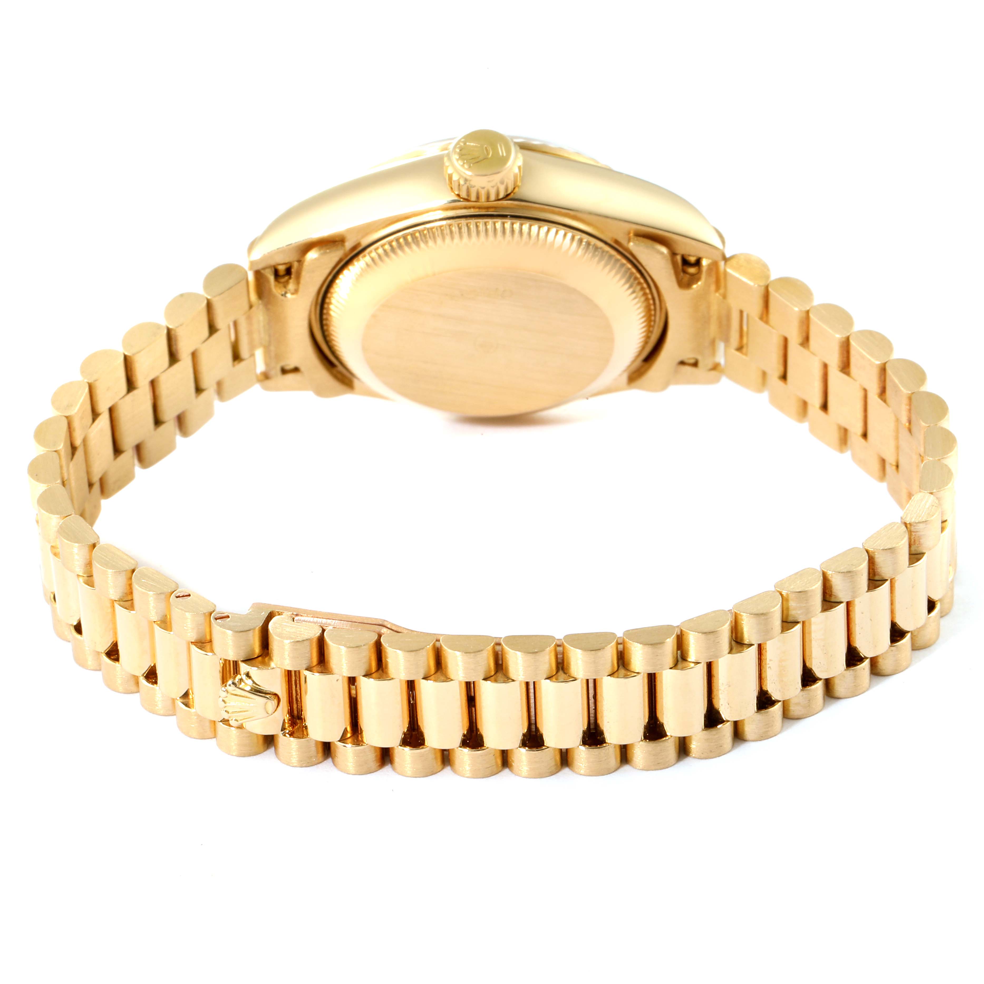 The image shows the back case and bracelet of a Rolex President 69178 Women
s Yellow Gold Champagne Dial 69178 Women
s Yellow Gold Champagne Dial model watch from a rear angle.