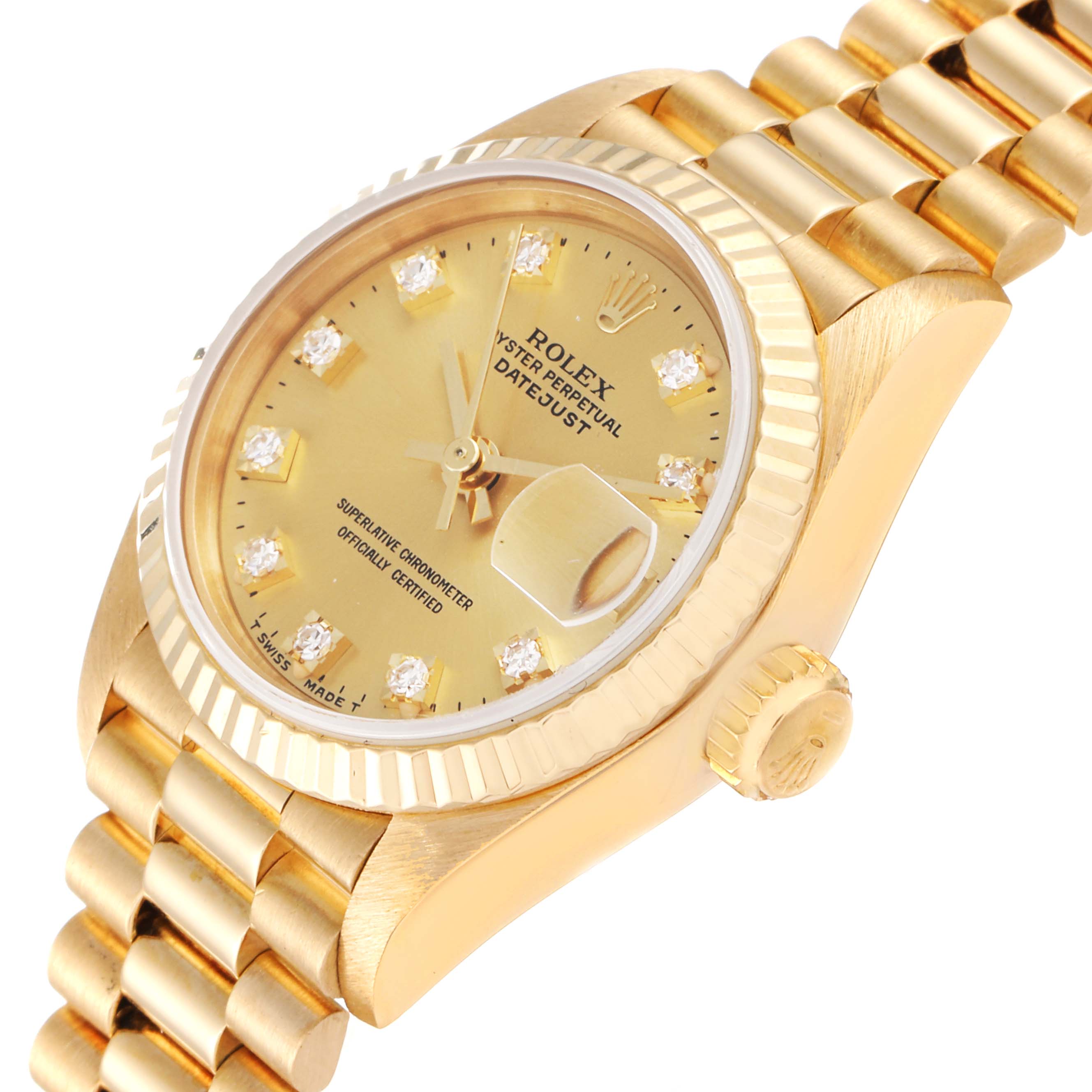 This image shows a close-up angle of the Rolex President 69178 Women
s Yellow Gold Champagne Dial 69178 Women
s Yellow Gold Champagne Dial watch, highlighting the face, bezel, crown, and bracelet.
