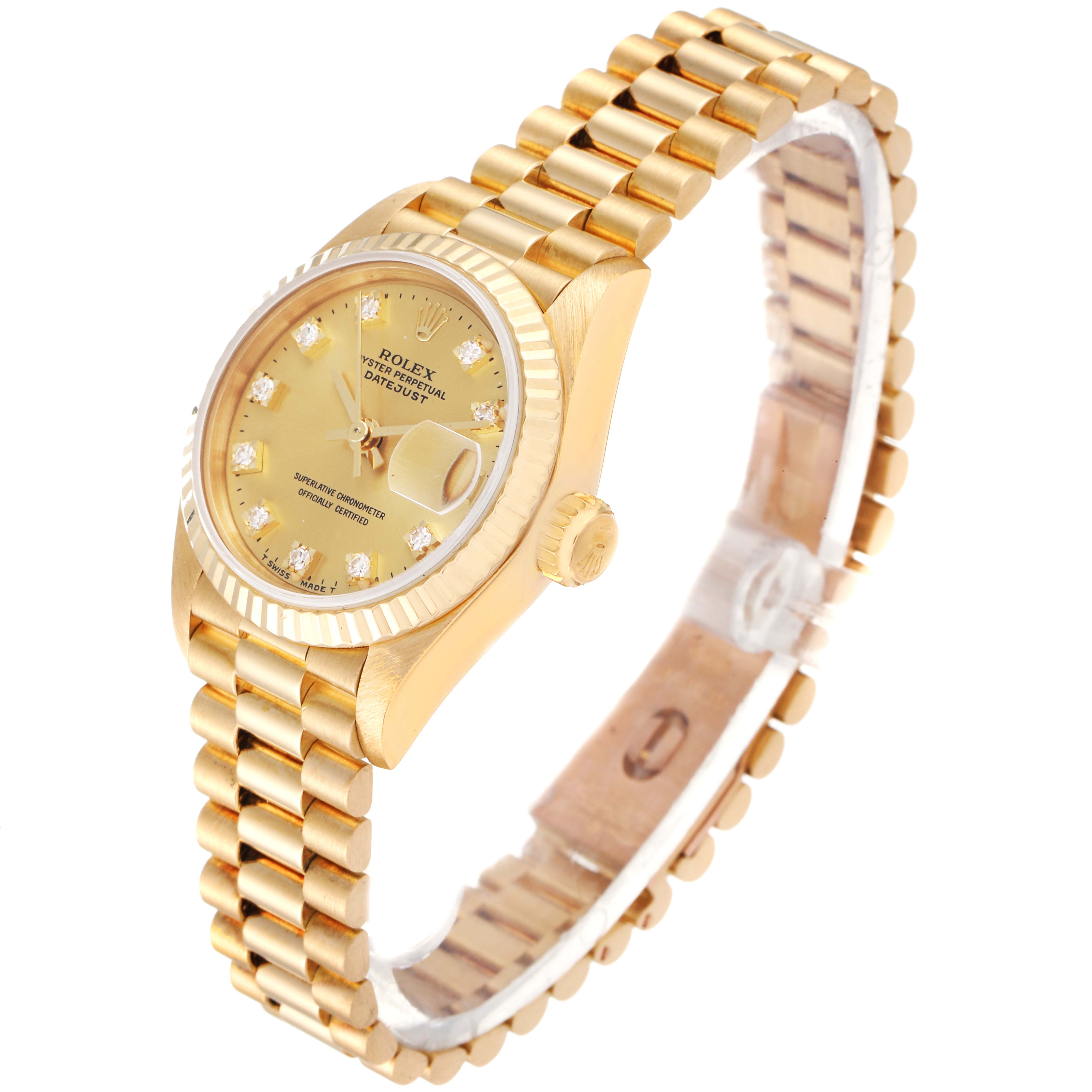 The Rolex President 69178 Women
s Yellow Gold Champagne Dial 69178 Women
s Yellow Gold Champagne Dial model watch is shown at a three-quarter view, highlighting its gold bracelet, bezel, and diamond-studded dial.