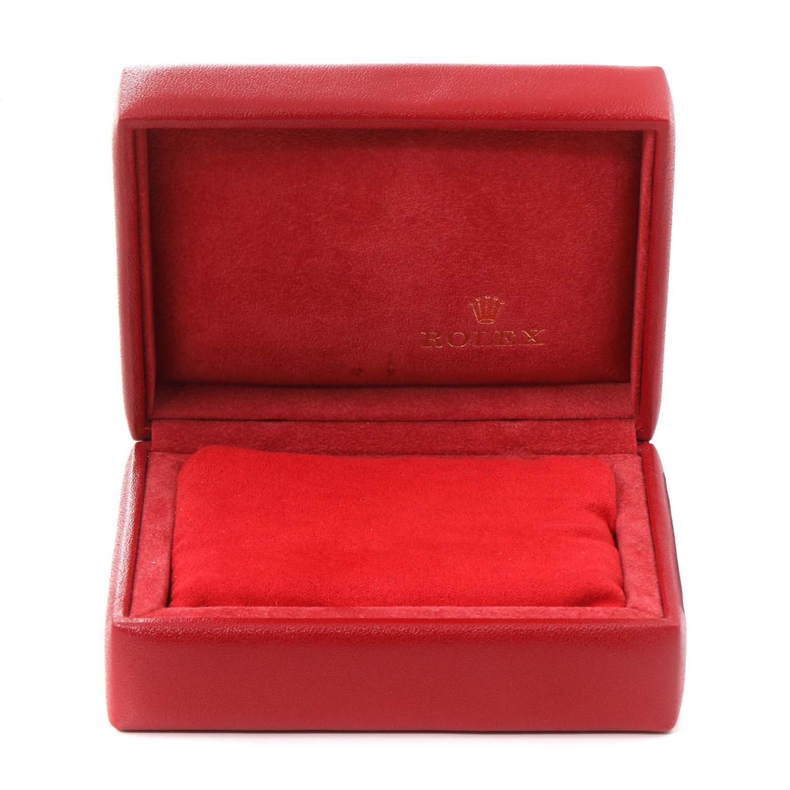 This image shows an open red Rolex watch box, likely for the President model, with the brand name visible inside the lid.