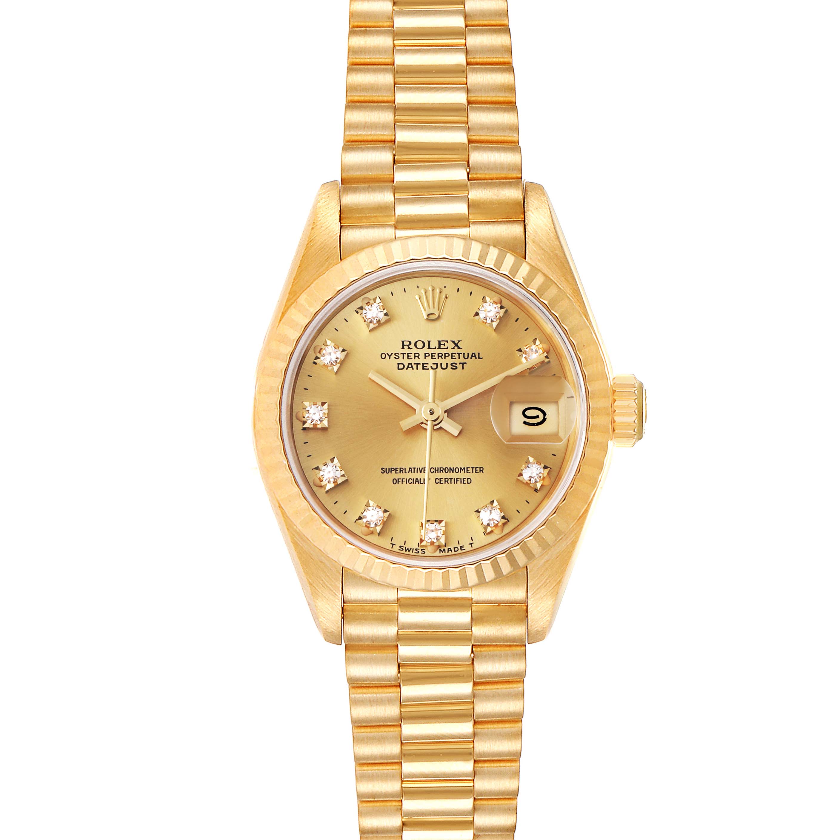 The image shows a front view of a Rolex President 69178 Women
s Yellow Gold Champagne Dial 69178 Women
s Yellow Gold Champagne Dial model watch, highlighting the gold dial, band, and diamond hour markers.
