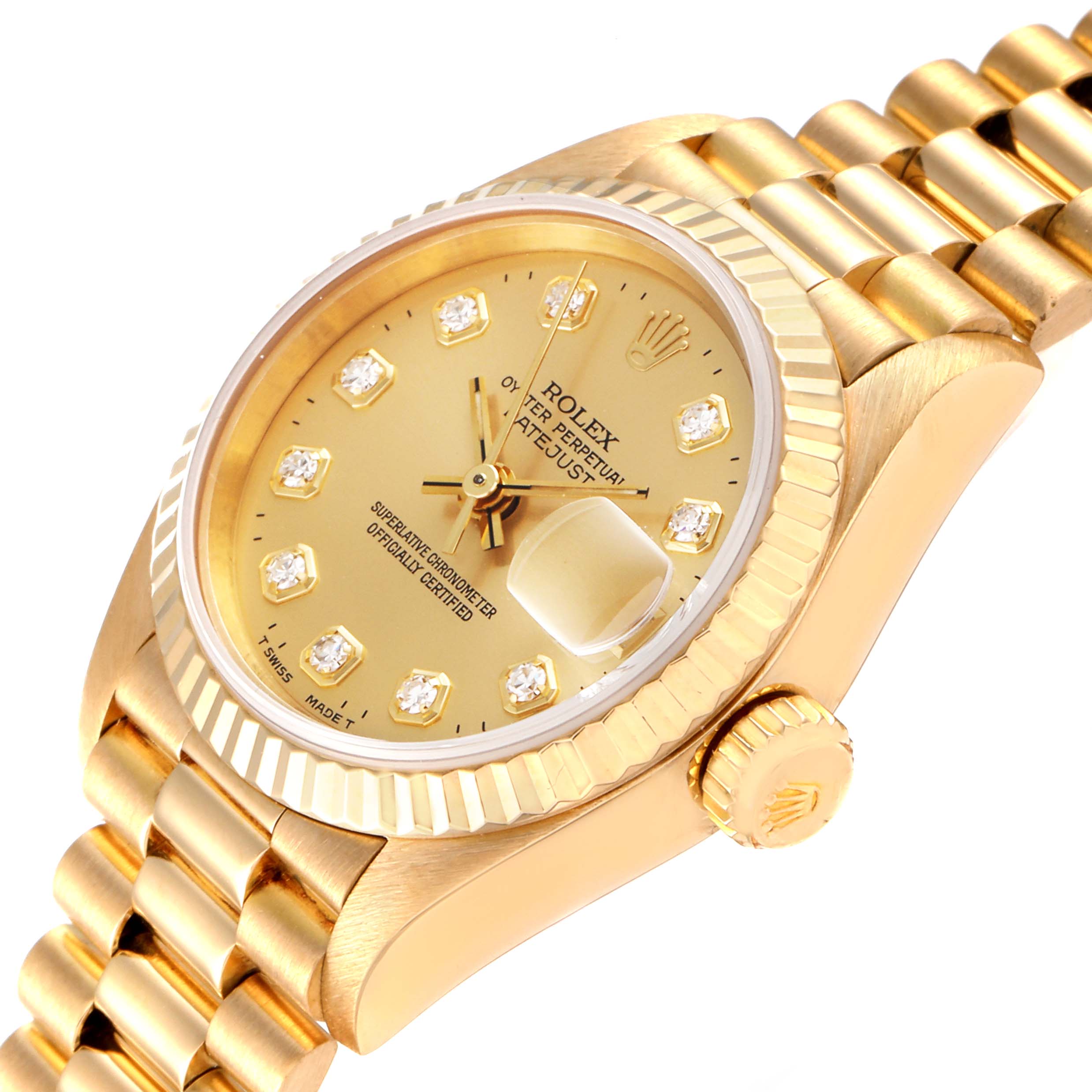 This image shows a side angle of the Rolex President 69178 Women
s Yellow Gold Champagne Dial 69178 Women
s Yellow Gold Champagne Dial model, highlighting its gold bracelet, crown, bezel, and diamond-studded dial.