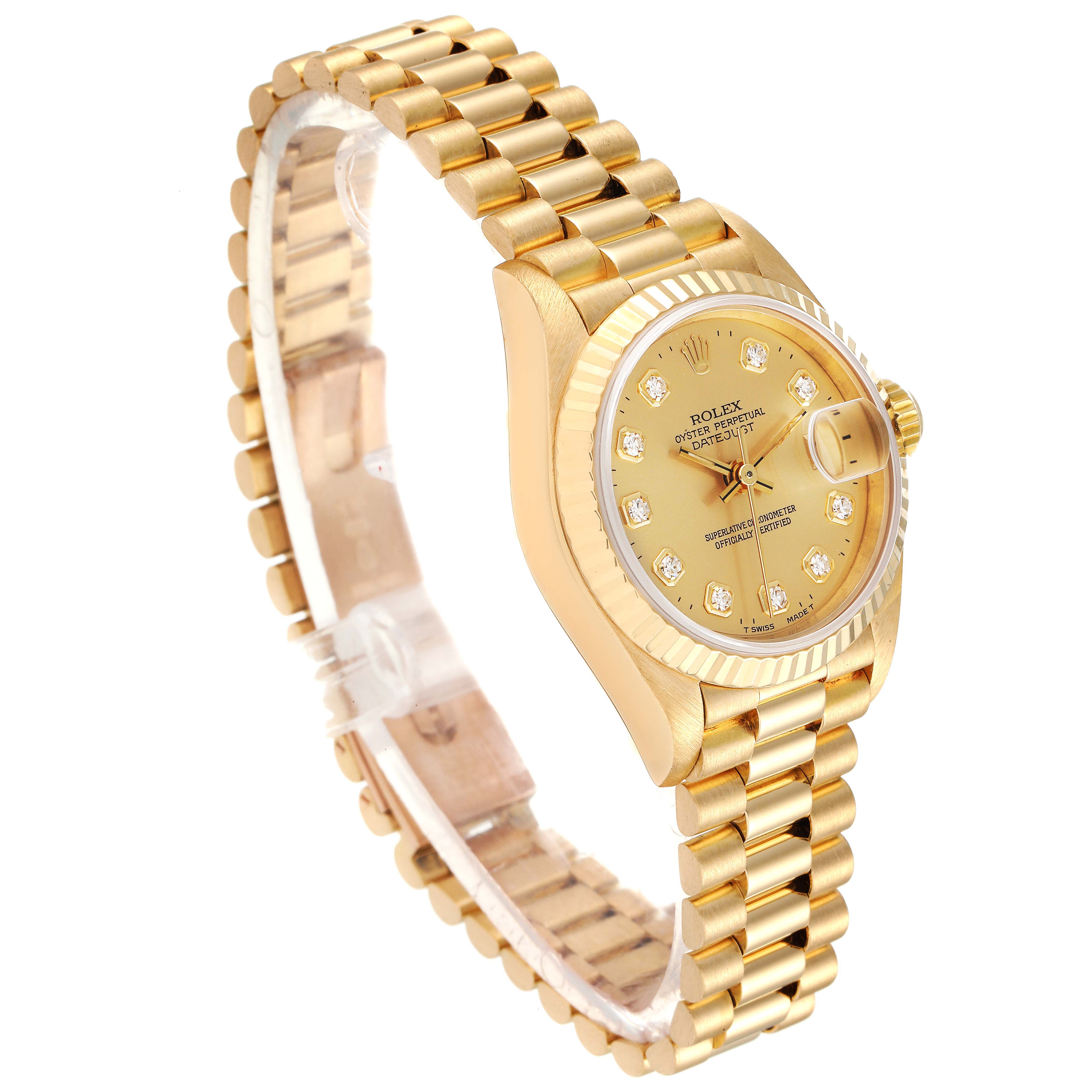 The Rolex President 69178 Women
s Yellow Gold Champagne Dial 69178 Women
s Yellow Gold Champagne Dial watch is shown at an angle displaying the dial, bezel, case, and part of the bracelet.
