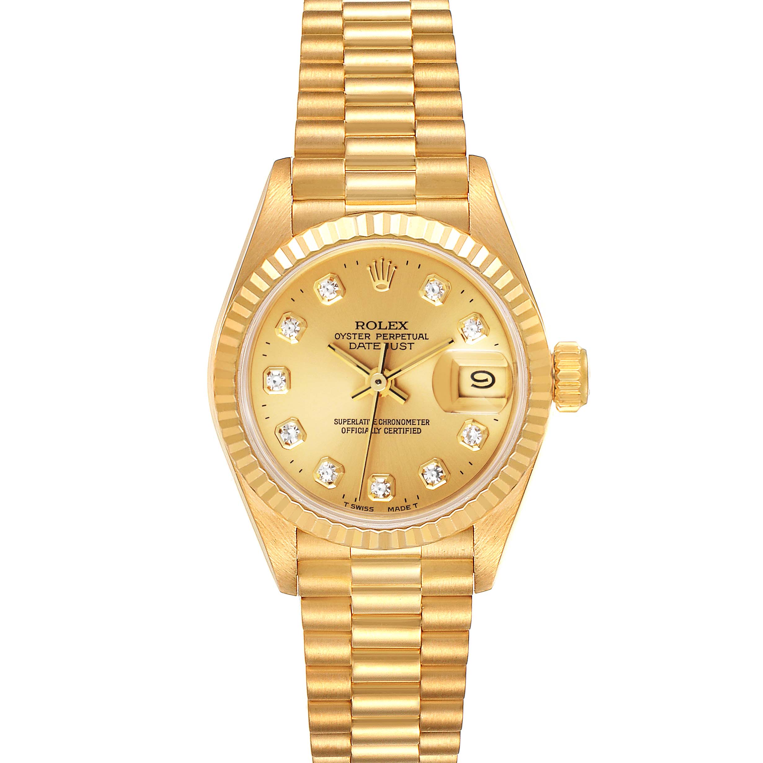 The image shows a Rolex President 69178 Women
s Yellow Gold Champagne Dial 69178 Women
s Yellow Gold Champagne Dial model watch from a front angle, displaying the dial, bracelet, and crown.