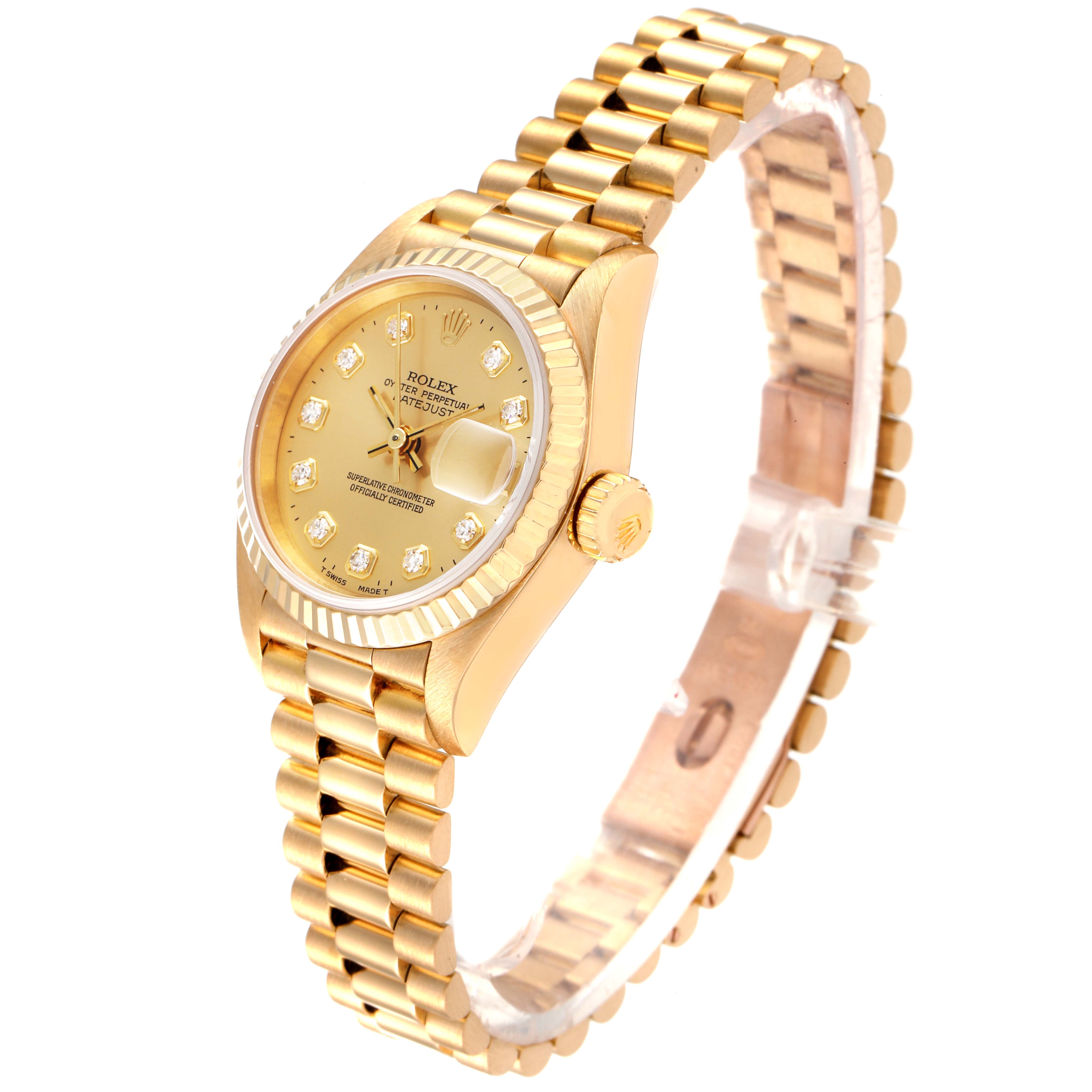 The Rolex President 69178 Women
s Yellow Gold Champagne Dial 69178 Women
s Yellow Gold Champagne Dial model watch is shown at an angle, displaying the face, bracelet, and side crown.