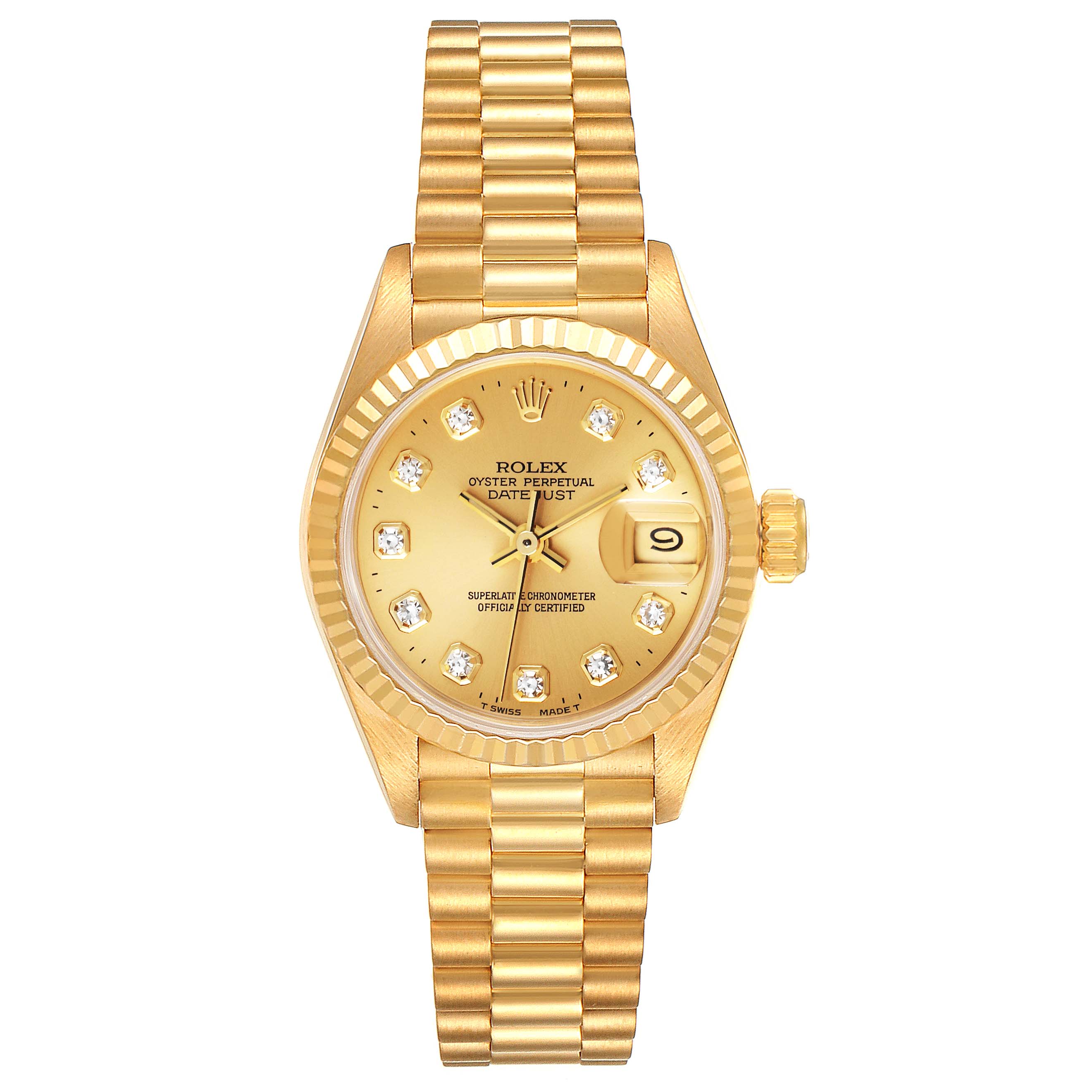 This image shows a frontal view of the Rolex President 69178 Women
s Yellow Gold Champagne Dial 69178 Women
s Yellow Gold Champagne Dial model watch, featuring the dial, bezel, and bracelet.