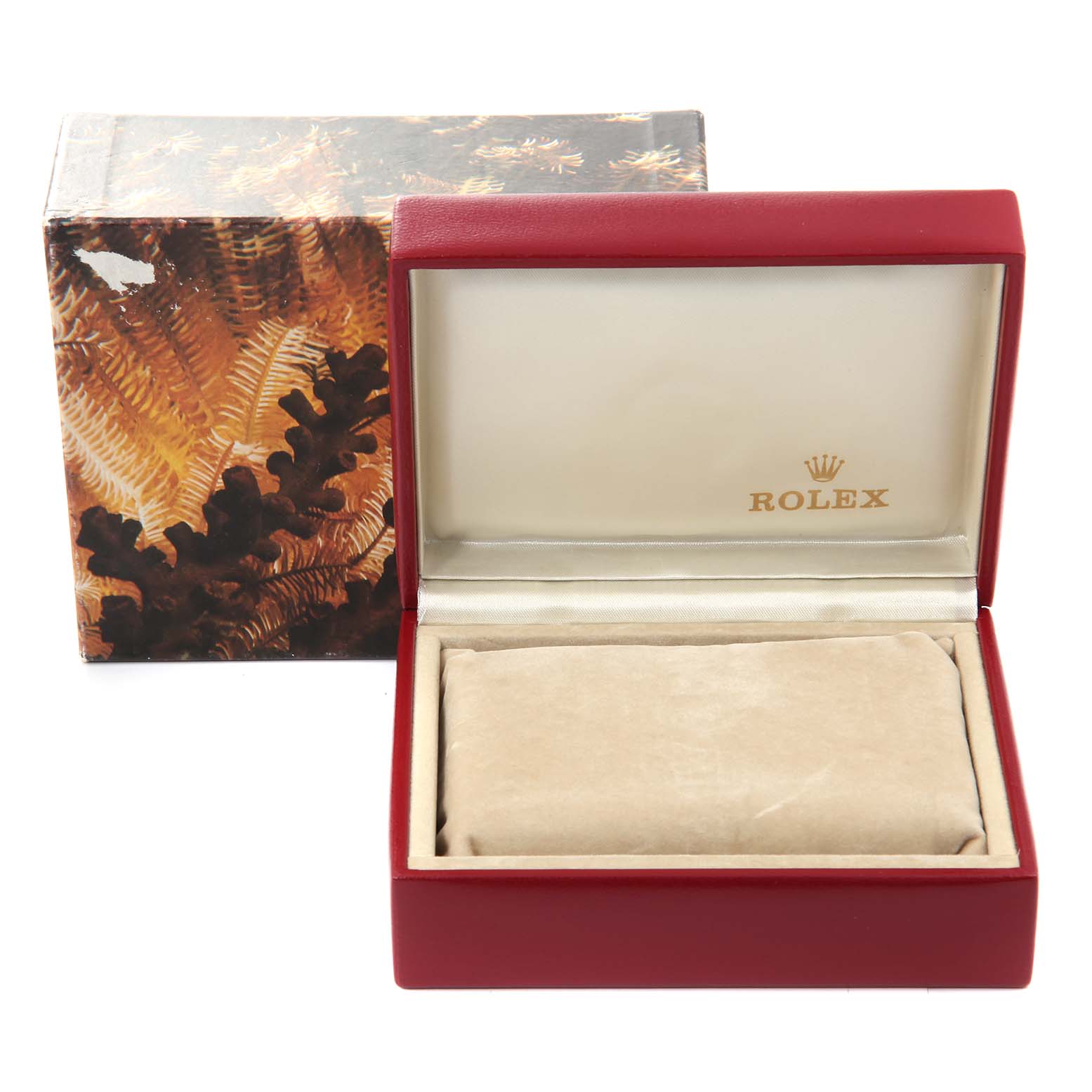 The image shows the open box and packaging for a Rolex President 69178 Women's Yellow Gold Blue Dial 69178 Women's Yellow Gold Blue Dial model watch at a forward-facing angle.