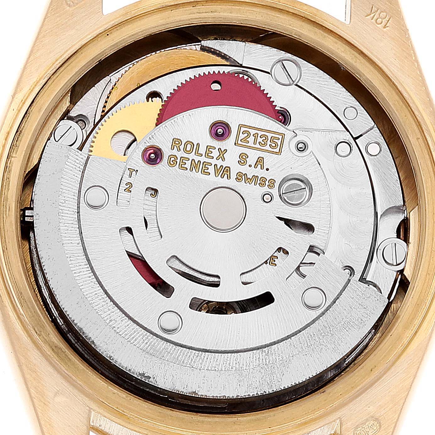 This image shows the inner mechanism of a Rolex President 69178 Women's Yellow Gold Blue Dial 69178 Women's Yellow Gold Blue Dial model watch, focusing on the movement with the "Rolex S.A. Geneva Swiss" inscription.