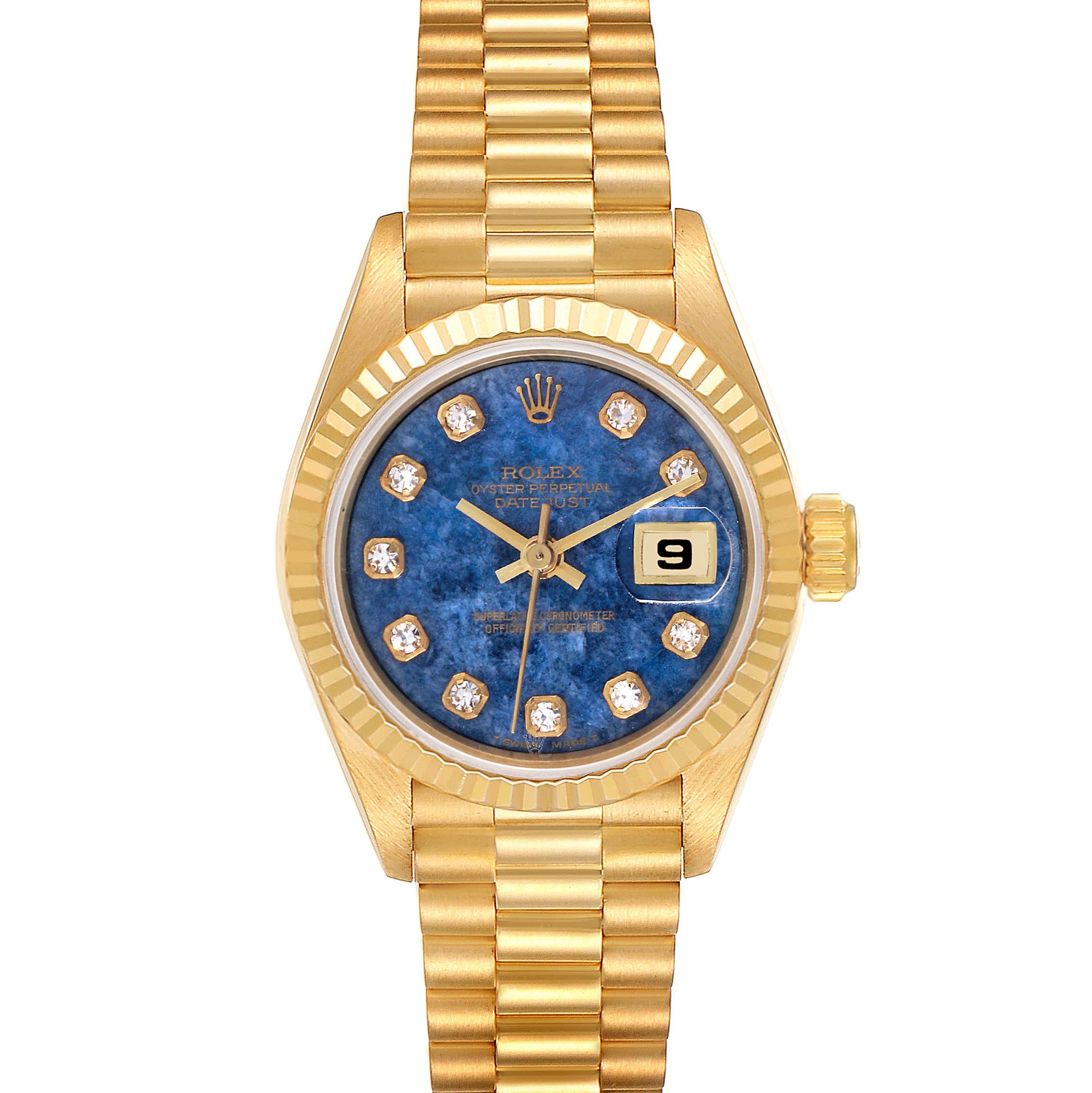 The image shows a Rolex President 69178 Women's Yellow Gold Blue Dial 69178 Women's Yellow Gold Blue Dial model watch from a front angle, displaying the face, crown, and a portion of the bracelet.