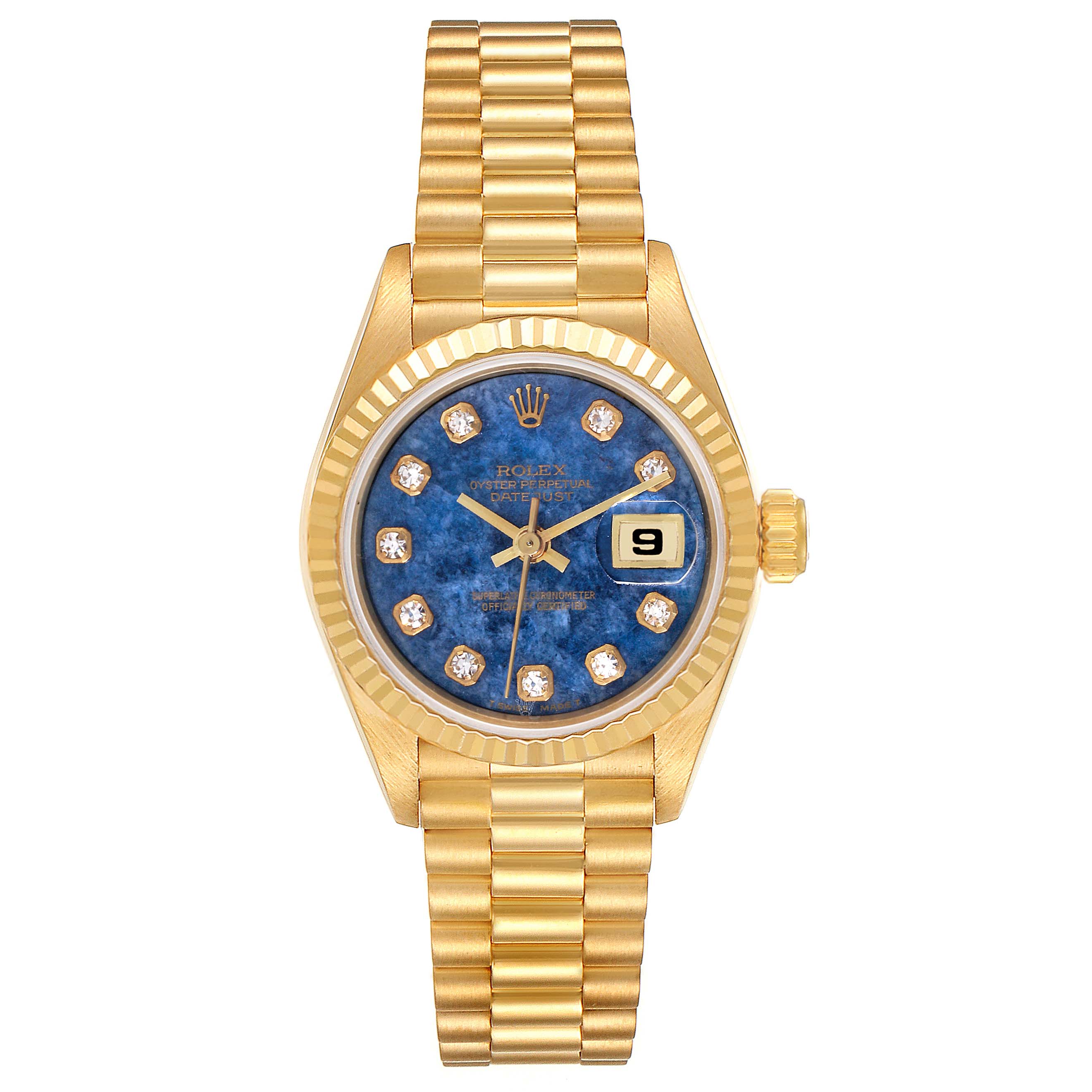 The Rolex President 69178 Women's Yellow Gold Blue Dial 69178 Women's Yellow Gold Blue Dial model watch is shown from a top-down angle, displaying its blue dial, date window, and gold bracelet.