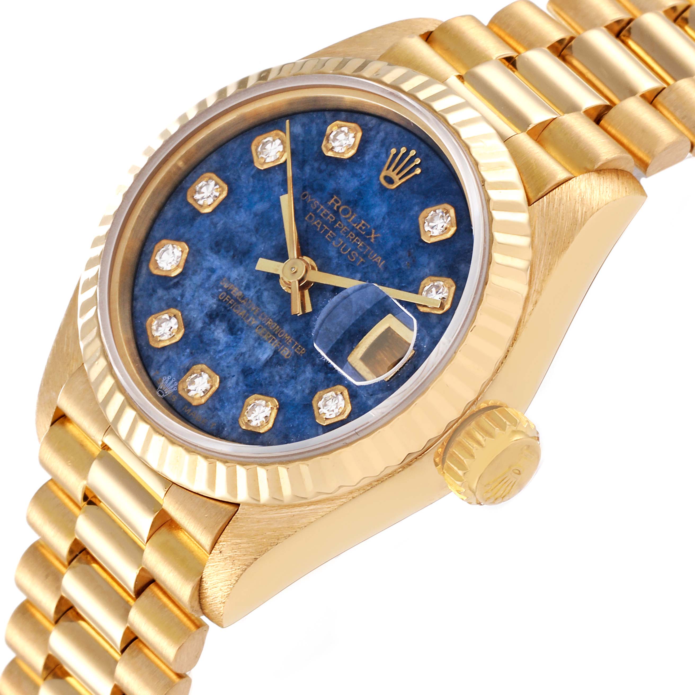 This image showcases a Rolex President 69178 Women's Yellow Gold Blue Dial 69178 Women's Yellow Gold Blue Dial model watch angled to highlight its gold bracelet, blue dial, and fluted bezel.