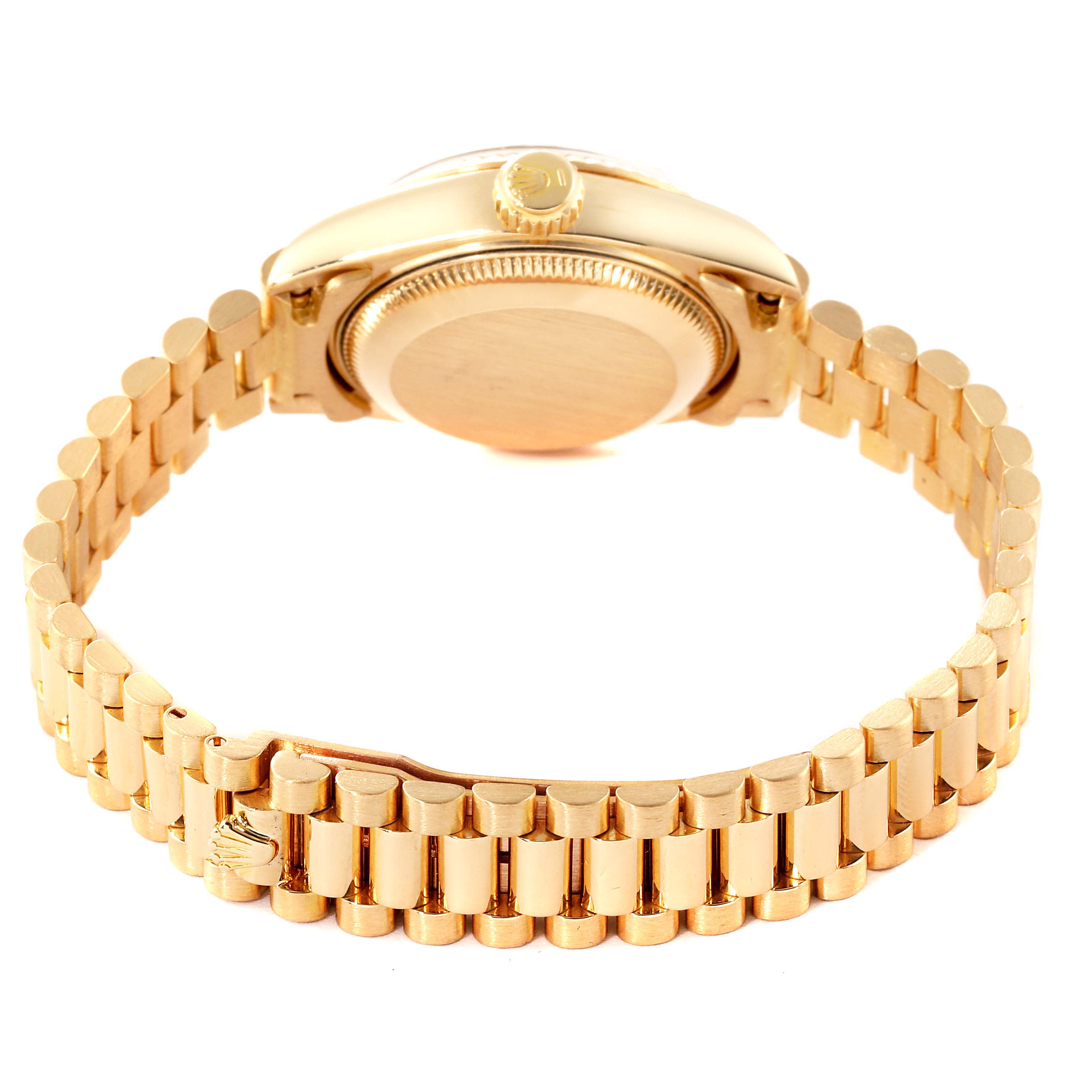 This image shows the back case and bracelet of a Rolex President 69178 Women's Yellow Gold Blue Dial 69178 Women's Yellow Gold Blue Dial model watch from a rear-bottom angle.