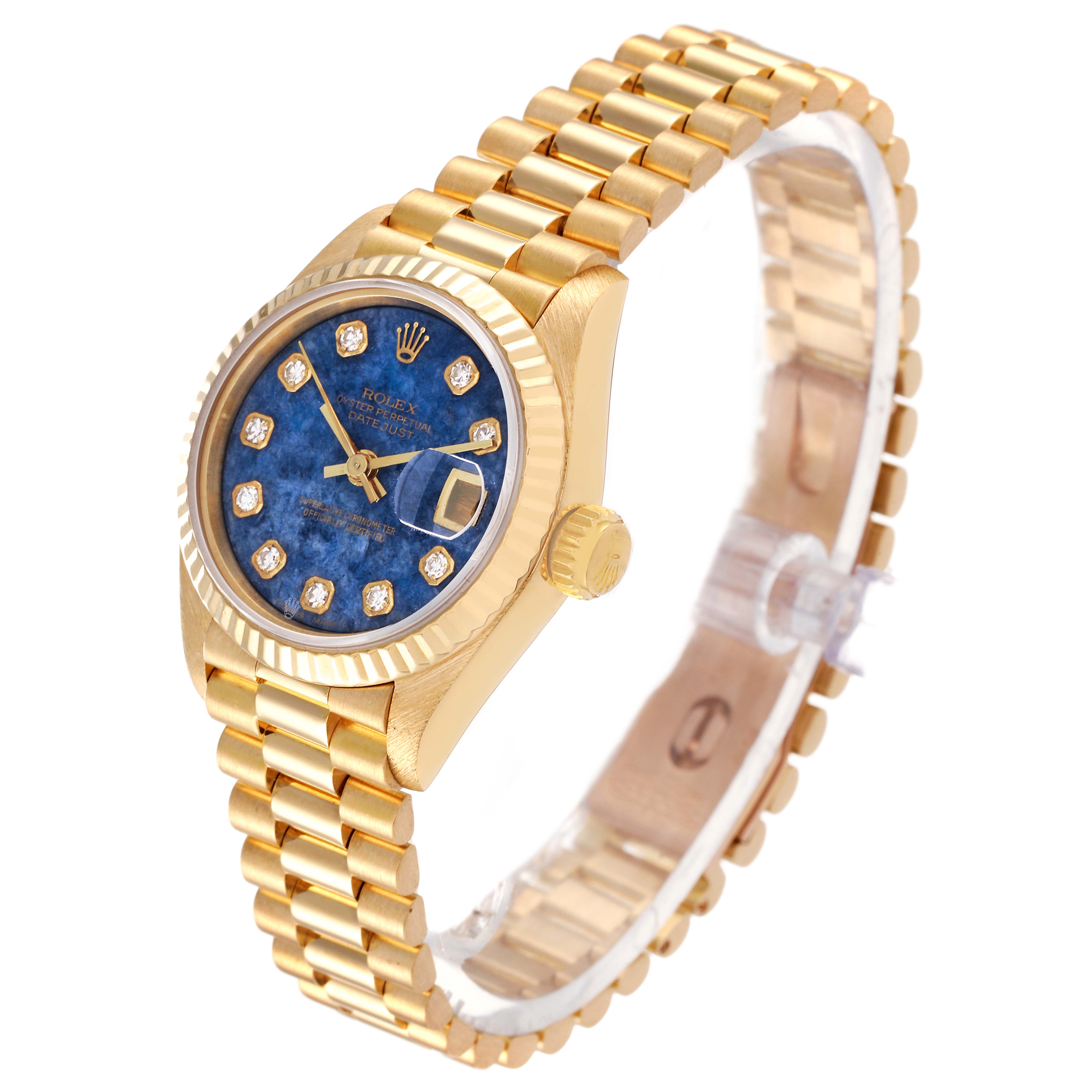 The image shows a Rolex President 69178 Women's Yellow Gold Blue Dial 69178 Women's Yellow Gold Blue Dial model watch at a three-quarter angle, featuring a gold bracelet, blue dial, and diamond hour markers.