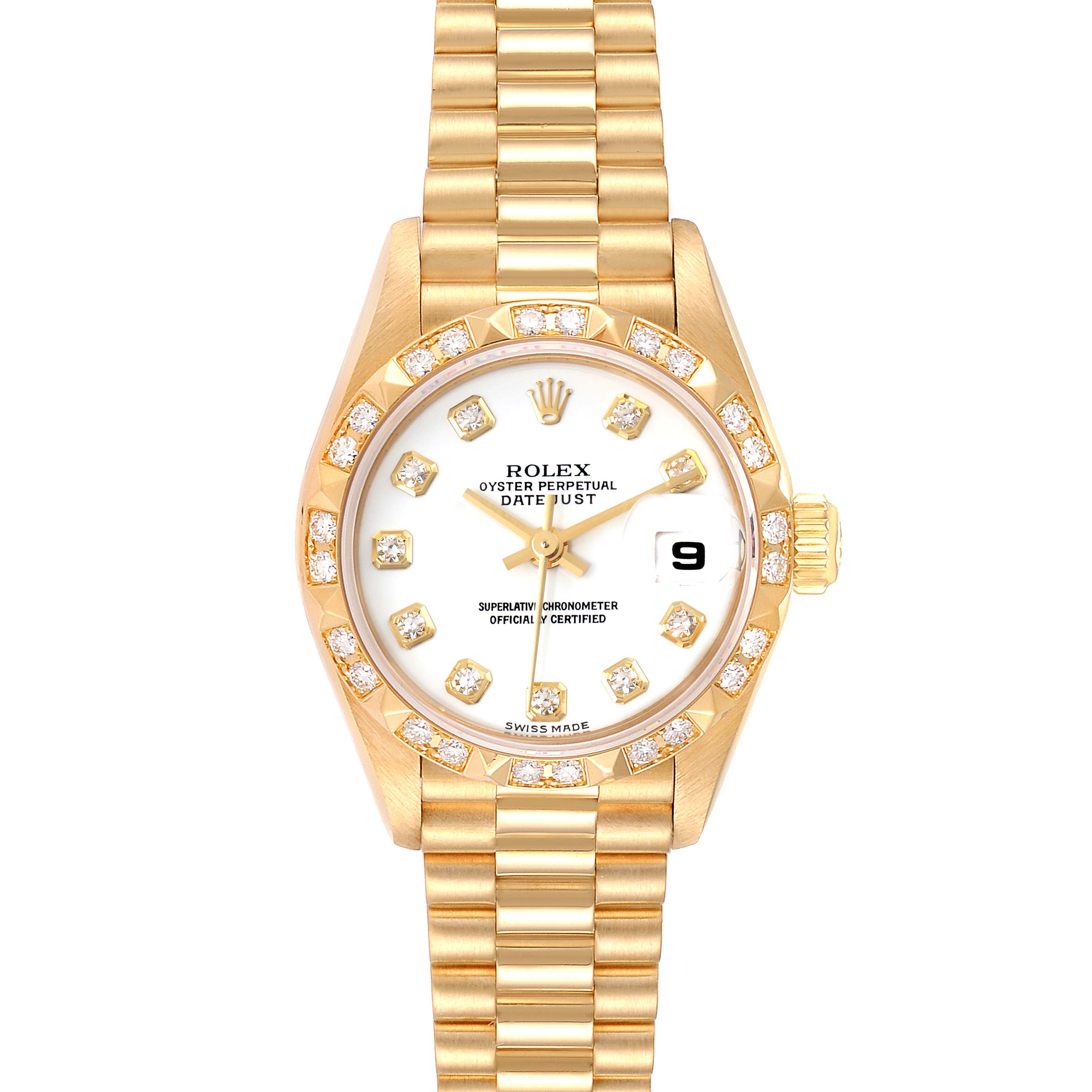 This image shows a front view of a Rolex President 79258 Women
s Yellow Gold White Dial 79258 Women
s Yellow Gold White Dial model watch, showcasing its dial, bezel, and a portion of the bracelet.