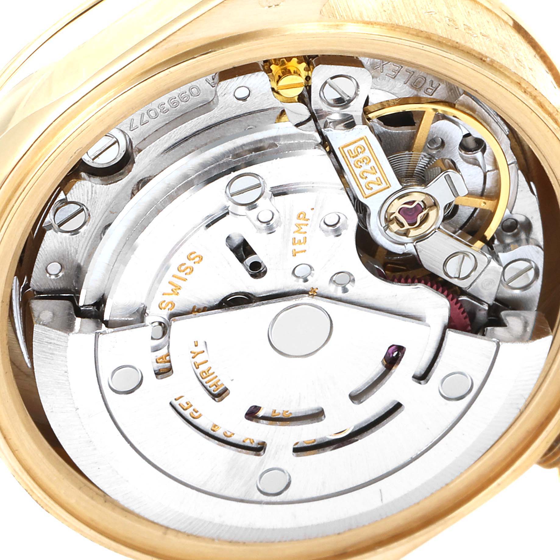 This image shows the internal mechanism of a Rolex President 79258 Women
s Yellow Gold White Dial 79258 Women
s Yellow Gold White Dial model watch, viewed from the back.