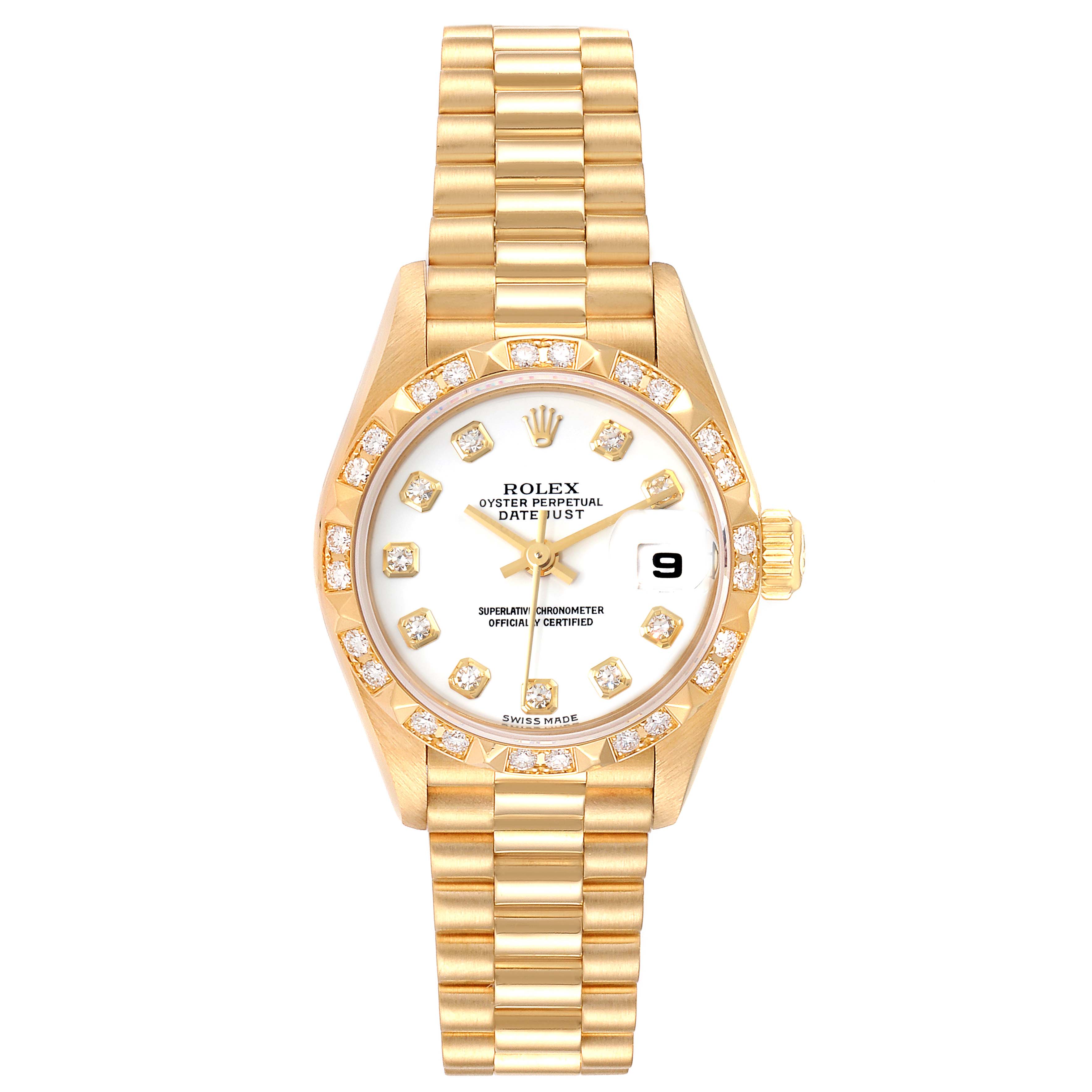 The image shows a front view of a Rolex President 79258 Women
s Yellow Gold White Dial 79258 Women
s Yellow Gold White Dial model with a gold bracelet, diamond markers, and a date display.