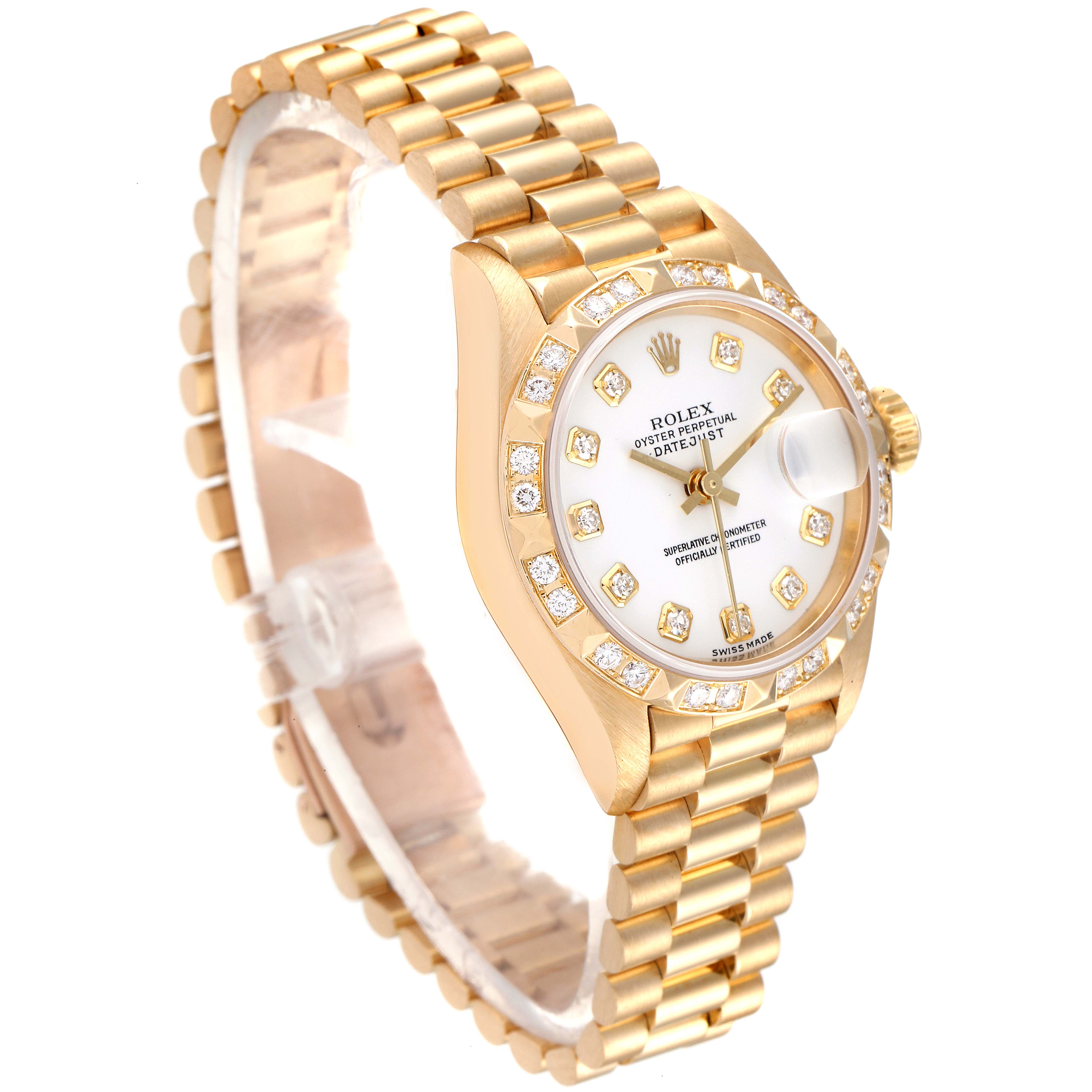 The image shows a Rolex President 79258 Women
s Yellow Gold White Dial 79258 Women
s Yellow Gold White Dial model watch from an angled top view, highlighting its bracelet, bezel, and dial.