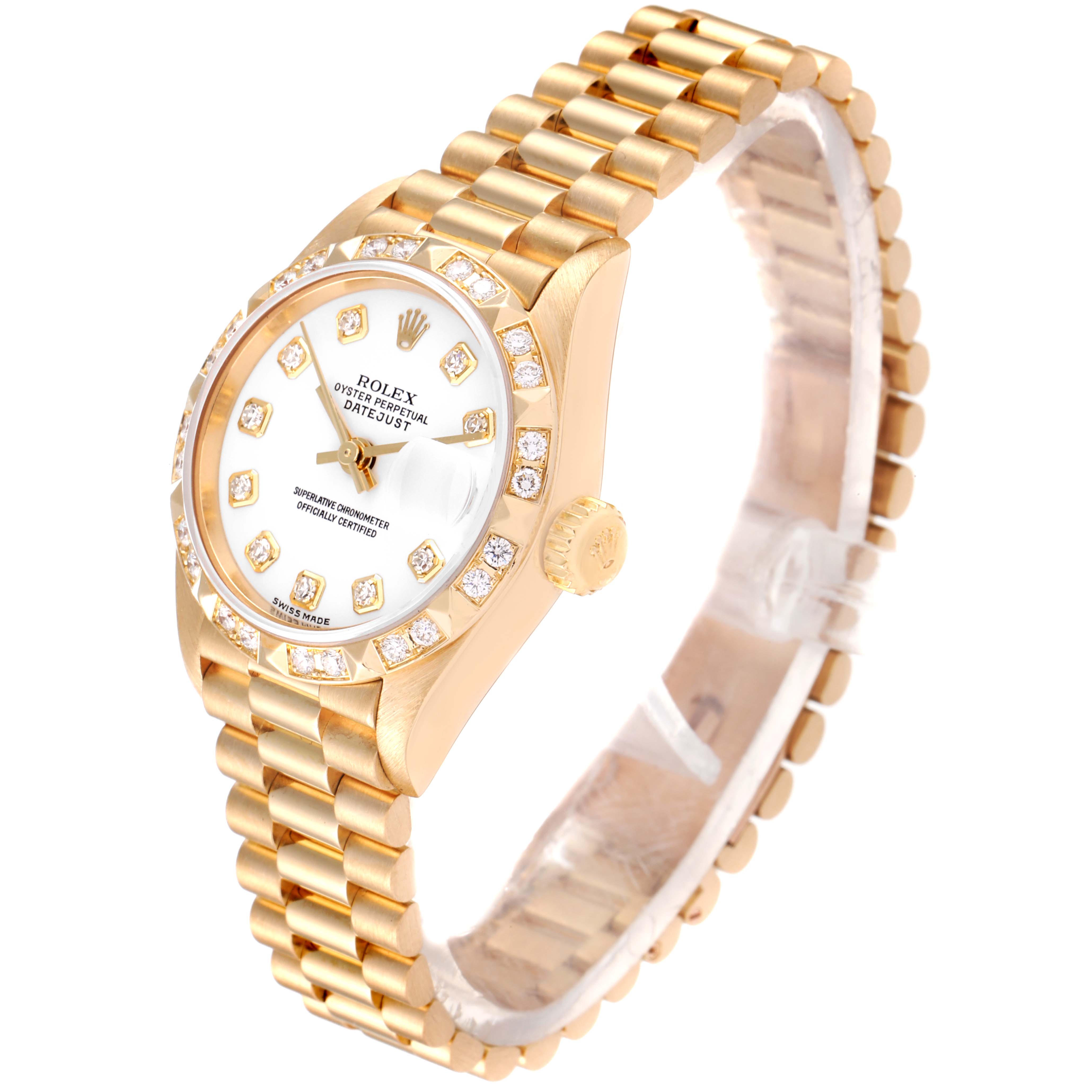 The image shows a Rolex President 79258 Women
s Yellow Gold White Dial 79258 Women
s Yellow Gold White Dial model watch angled to display its face, bezel, crown, and bracelet.