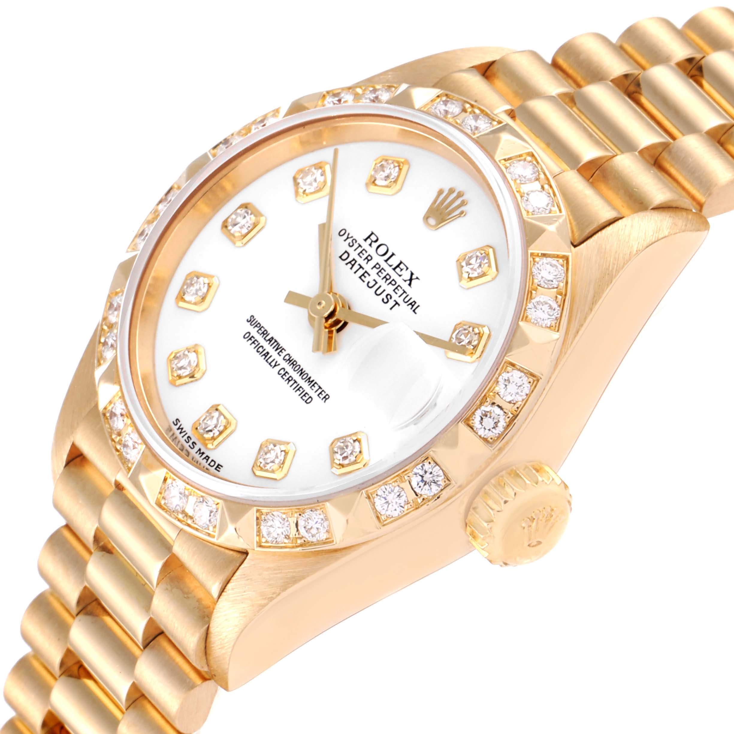 The image shows a close-up view of the Rolex President 79258 Women
s Yellow Gold White Dial 79258 Women
s Yellow Gold White Dial model, featuring its dial, bezel, crown, and part of the bracelet.