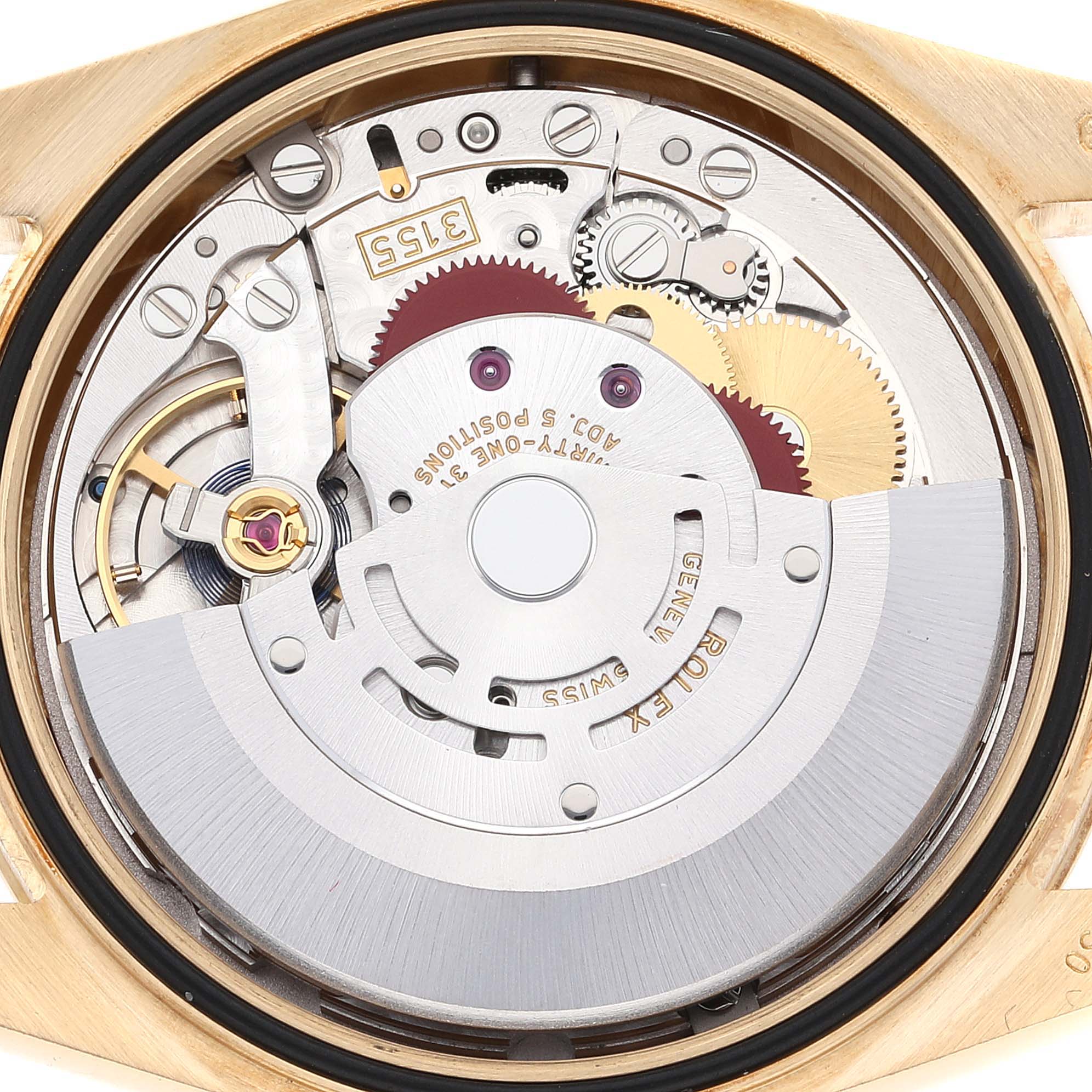 The image shows the movement and internal mechanical parts of a Rolex President 118388 Men's Yellow Gold Champagne Dial 118388 Men's Yellow Gold Champagne Dial model from a rear view angle.