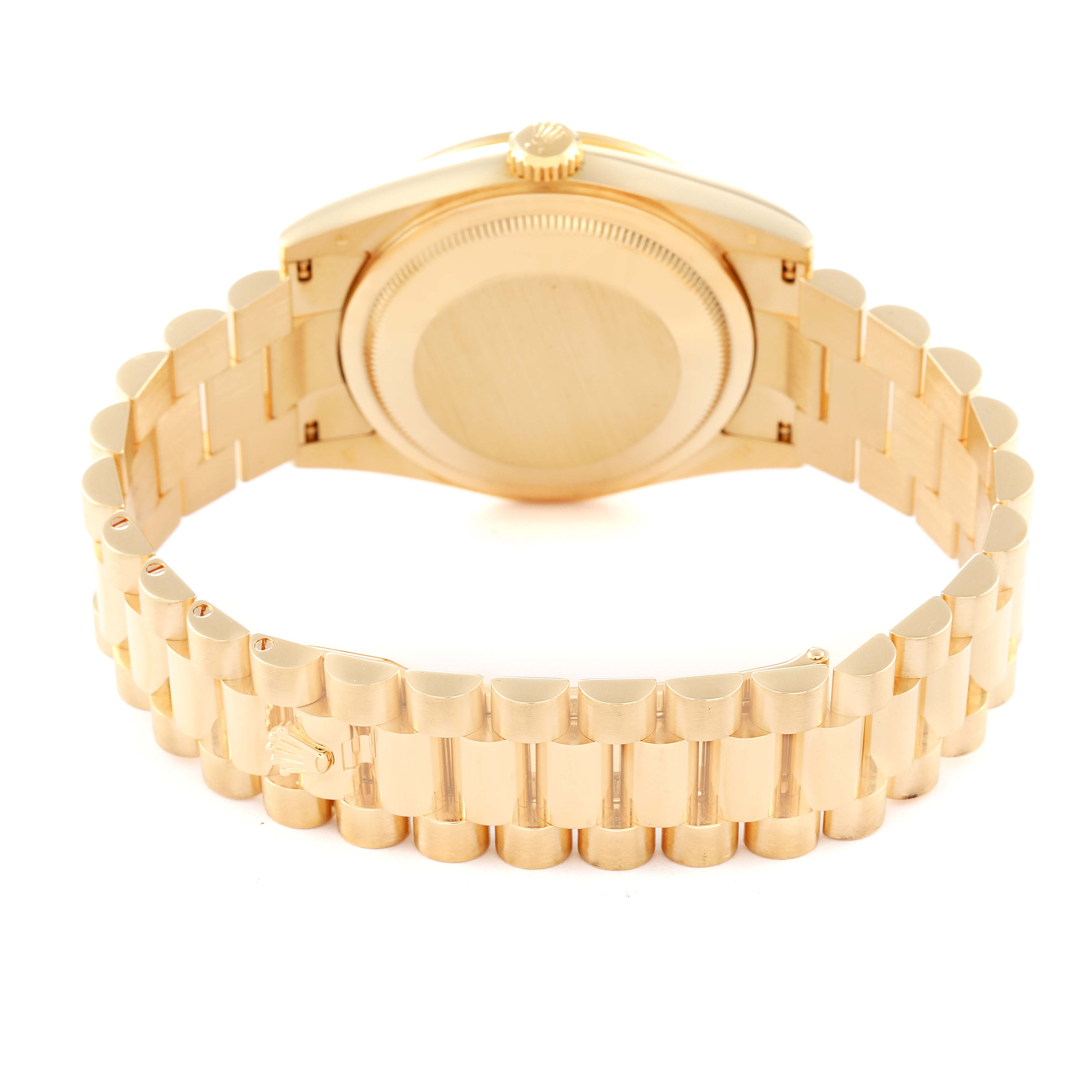 The image shows the back view of a Rolex President 118388 Men's Yellow Gold Champagne Dial 118388 Men's Yellow Gold Champagne Dial model watch, highlighting its gold case and bracelet.