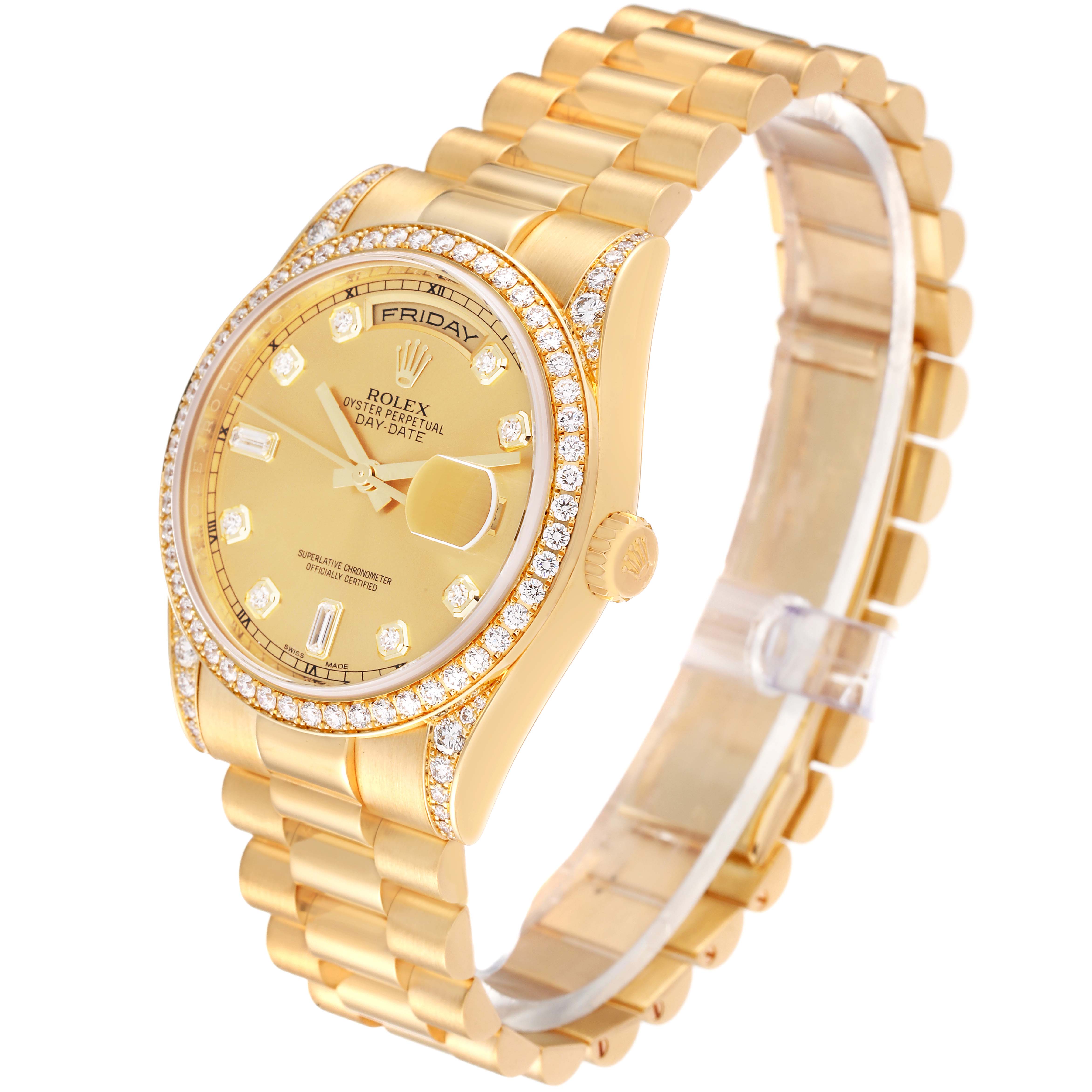 The image shows a Rolex President 118388 Men's Yellow Gold Champagne Dial 118388 Men's Yellow Gold Champagne Dial model watch at a 3/4 angle, displaying its dial, bezel, crown, and bracelet.