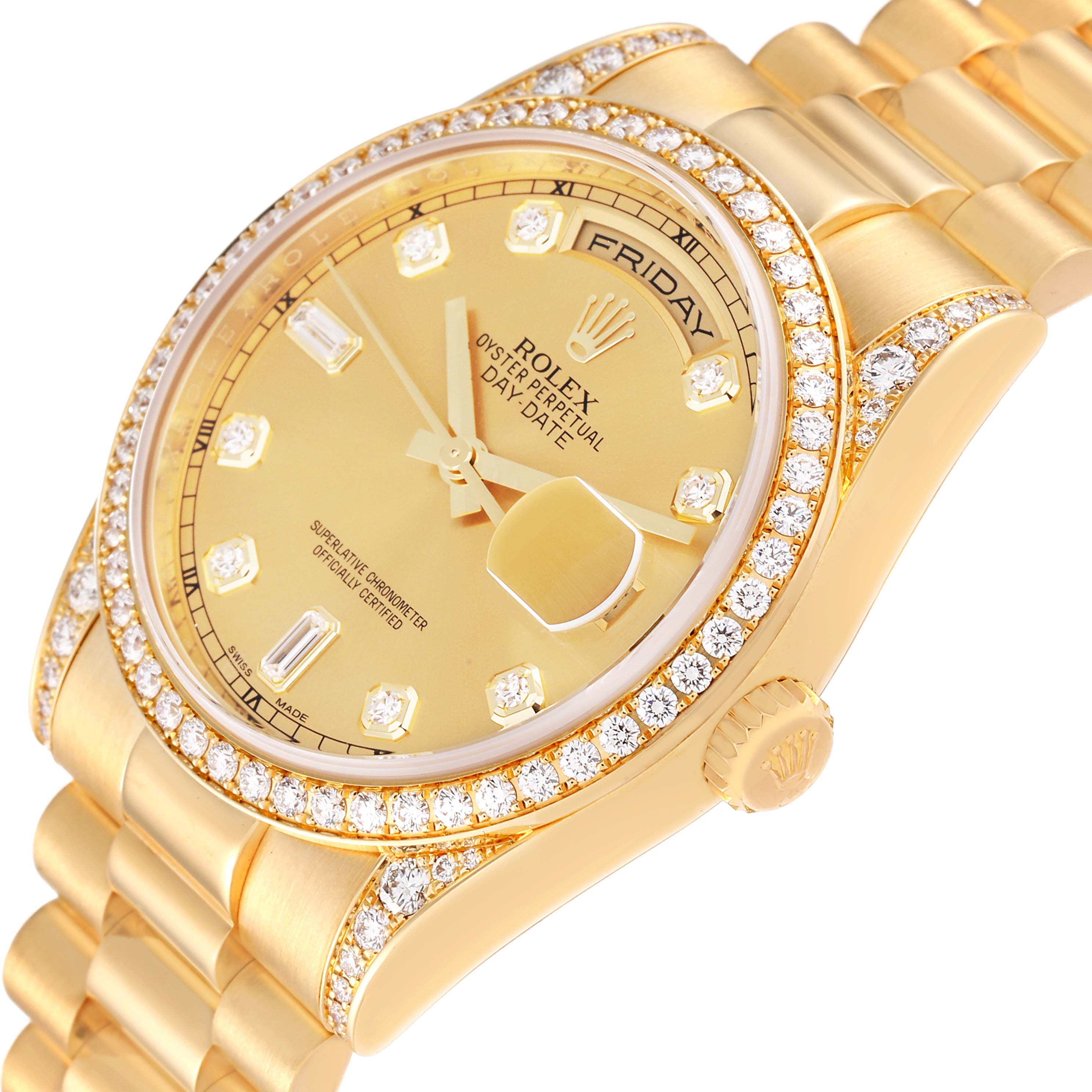 This image shows a close-up angled view of the face, bezel, and bracelet of the Rolex President 118388 Men's Yellow Gold Champagne Dial 118388 Men's Yellow Gold Champagne Dial model watch.