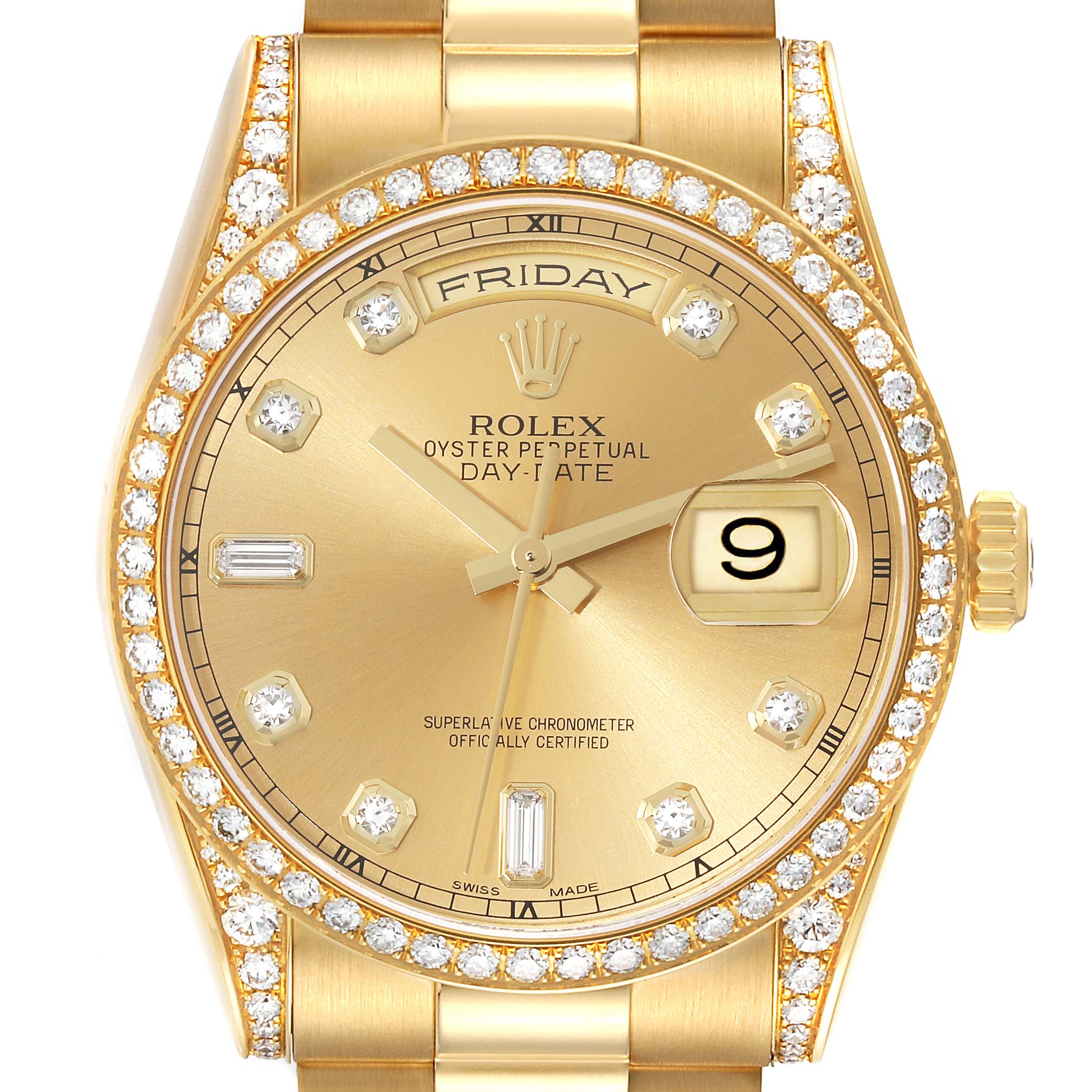 The image shows a close-up of the Rolex President 118388 Men's Yellow Gold Champagne Dial 118388 Men's Yellow Gold Champagne Dial model watch, highlighting the gold dial, diamond-studded bezel, and day/date features.