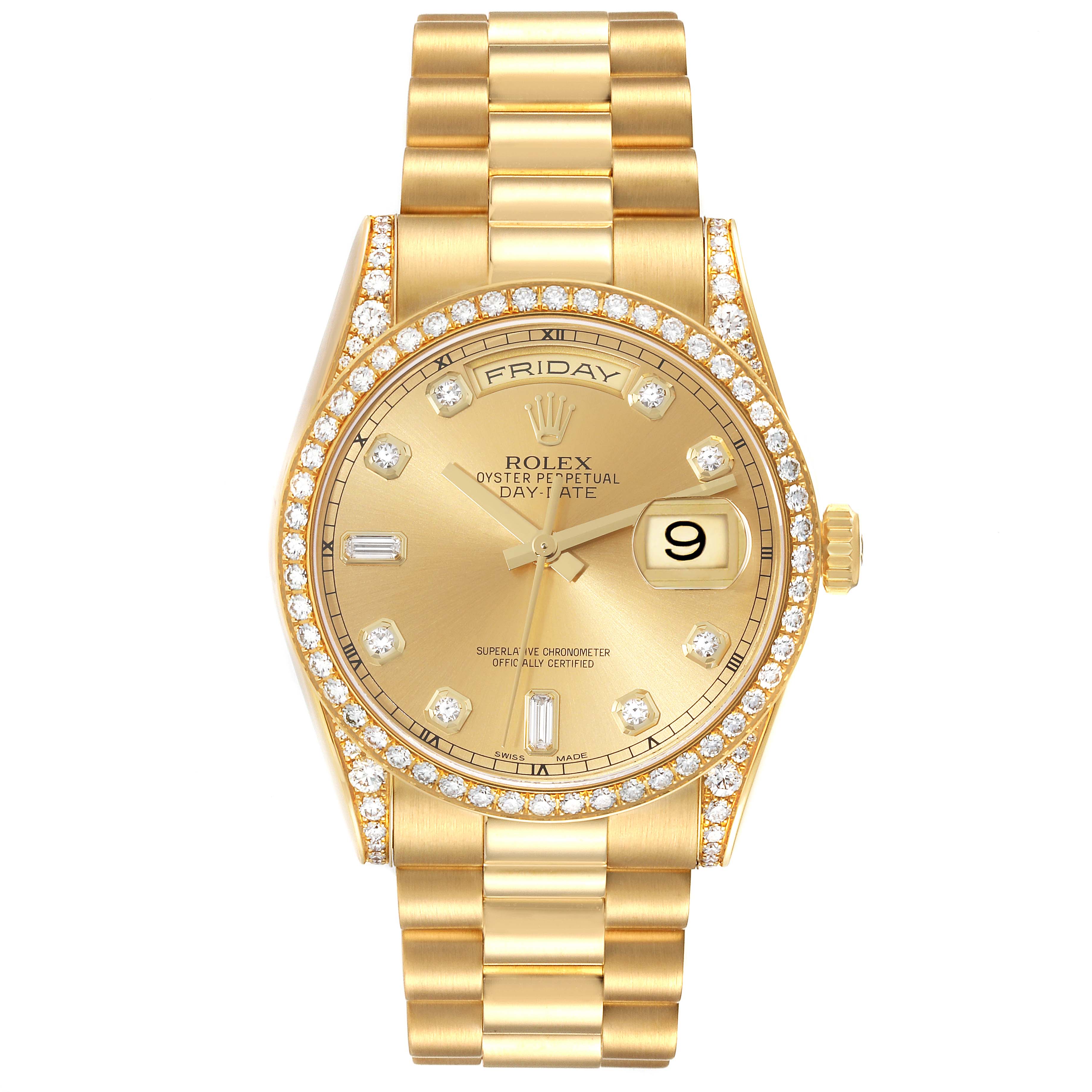 The Rolex President 118388 Men's Yellow Gold Champagne Dial 118388 Men's Yellow Gold Champagne Dial model watch is shown from a top-down angle, highlighting its face, bezel, bracelet, and crown.
