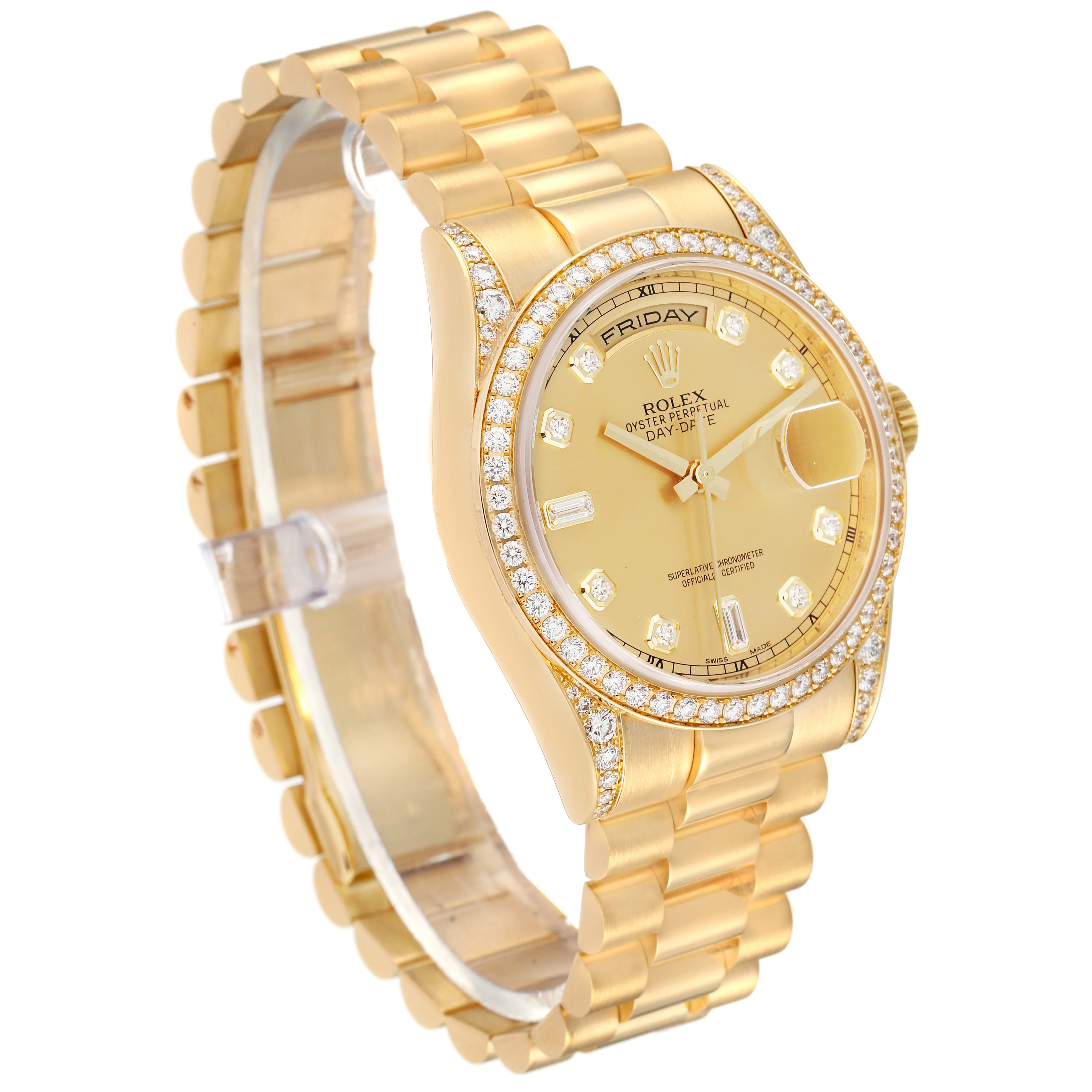 The image shows a Rolex President 118388 Men's Yellow Gold Champagne Dial 118388 Men's Yellow Gold Champagne Dial model watch, angled slightly from the side, highlighting the bracelet, face, and diamond-encrusted bezel.