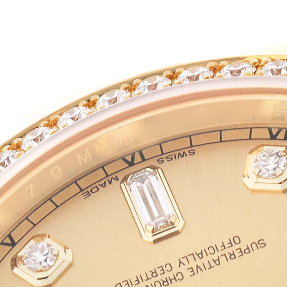 This close-up angle of the Rolex President 118388 Men's Yellow Gold Champagne Dial 118388 Men's Yellow Gold Champagne Dial model showcases part of the bezel with diamonds and a portion of the dial with diamond markers.